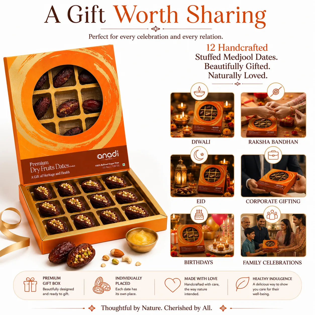 Stuffed dates gift box with window, open tray, and whole dates with nuts