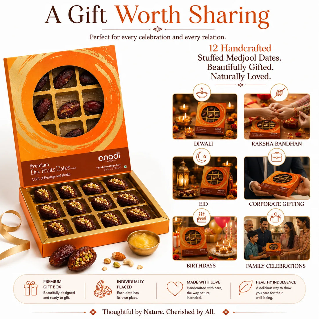 Stuffed dates gift box with window, open tray, and whole dates with nuts