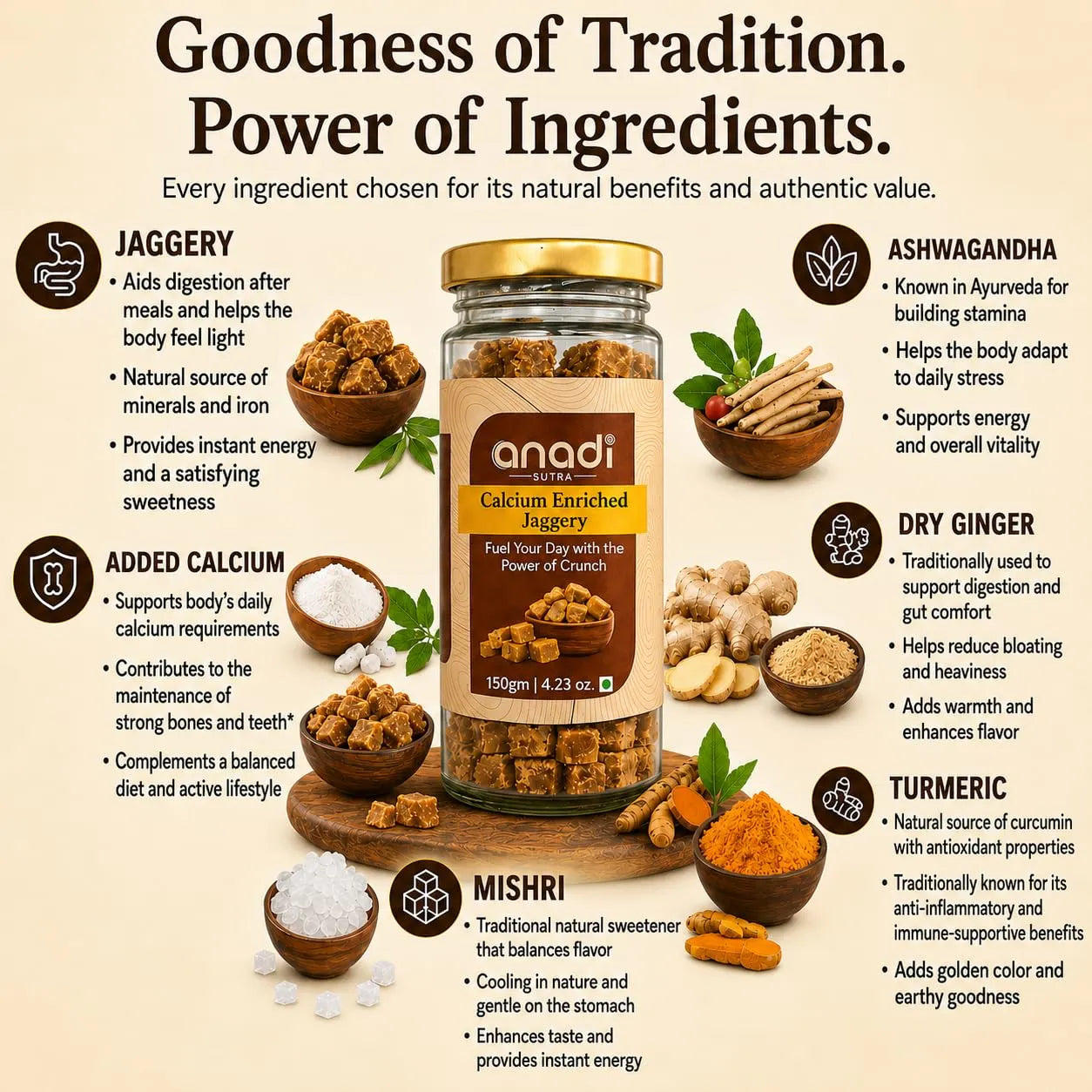 Calcium-enriched jaggery jar with gold lid with brown jaggery pieces and herbs