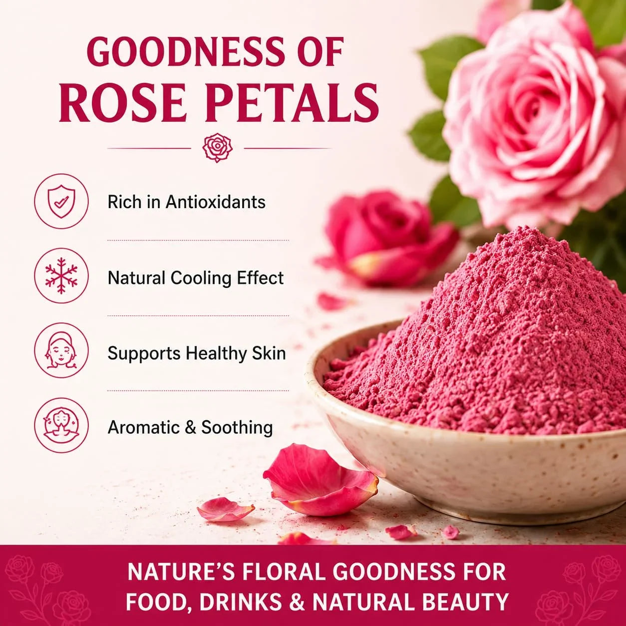 Rose petal powder jar with gold cap beside bowl of pink powder