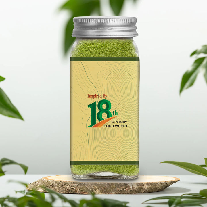 Green coriander leaf powder bottle with 18th century food world label