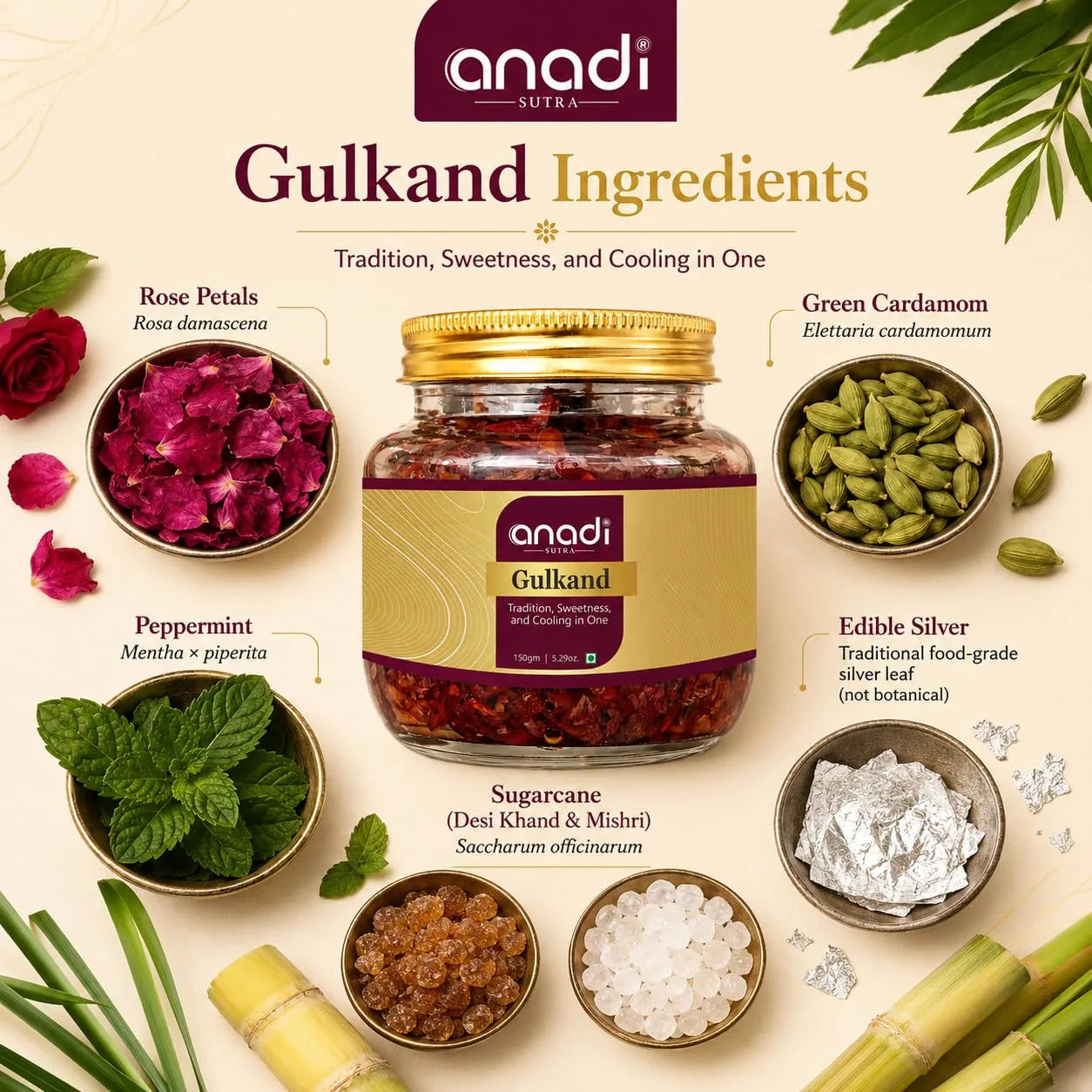 anadi Gulkand jar with gold lid, with rose petals and green cardamom