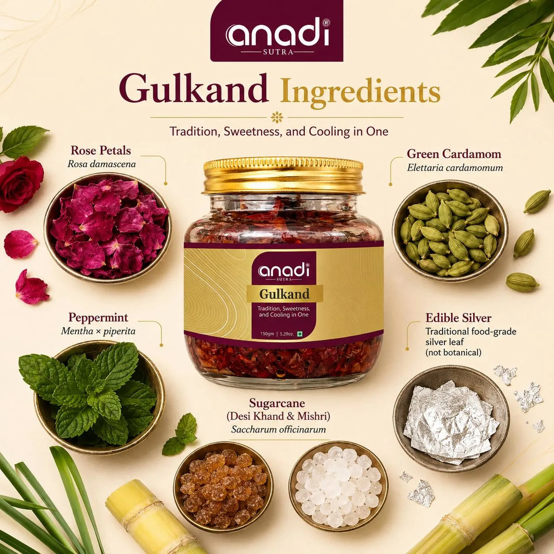 anadi Gulkand jar with gold lid, with rose petals and green cardamom