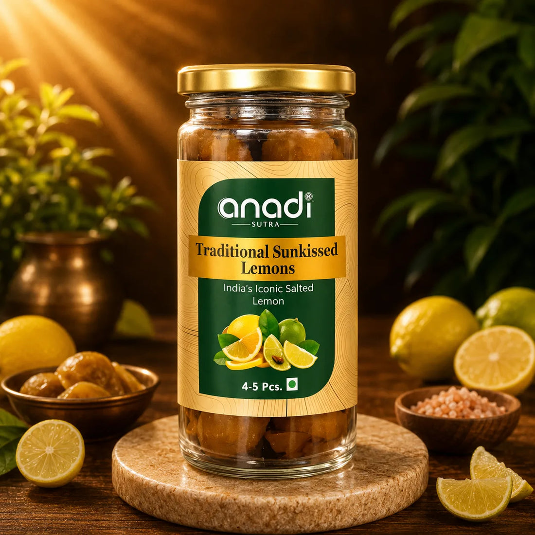 Traditional Sunkissed Lemons jar with green label, gold cap, and lemon wedges