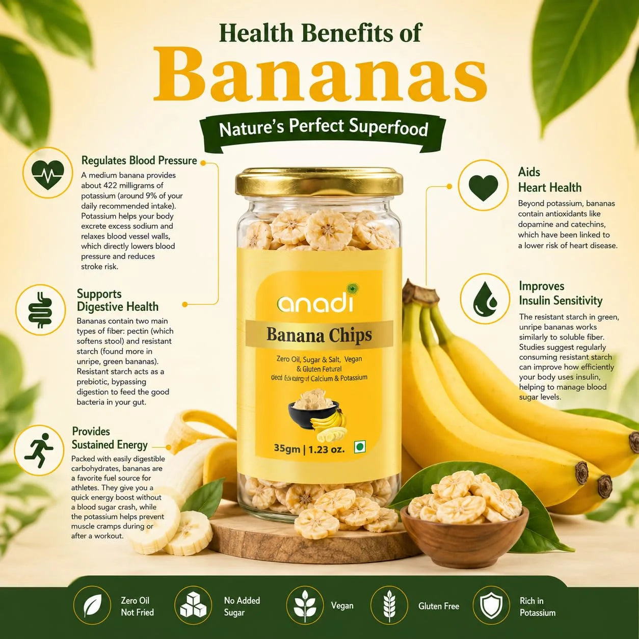 Banana chips jar with gold cap beside bananas and a bowl of banana chips
