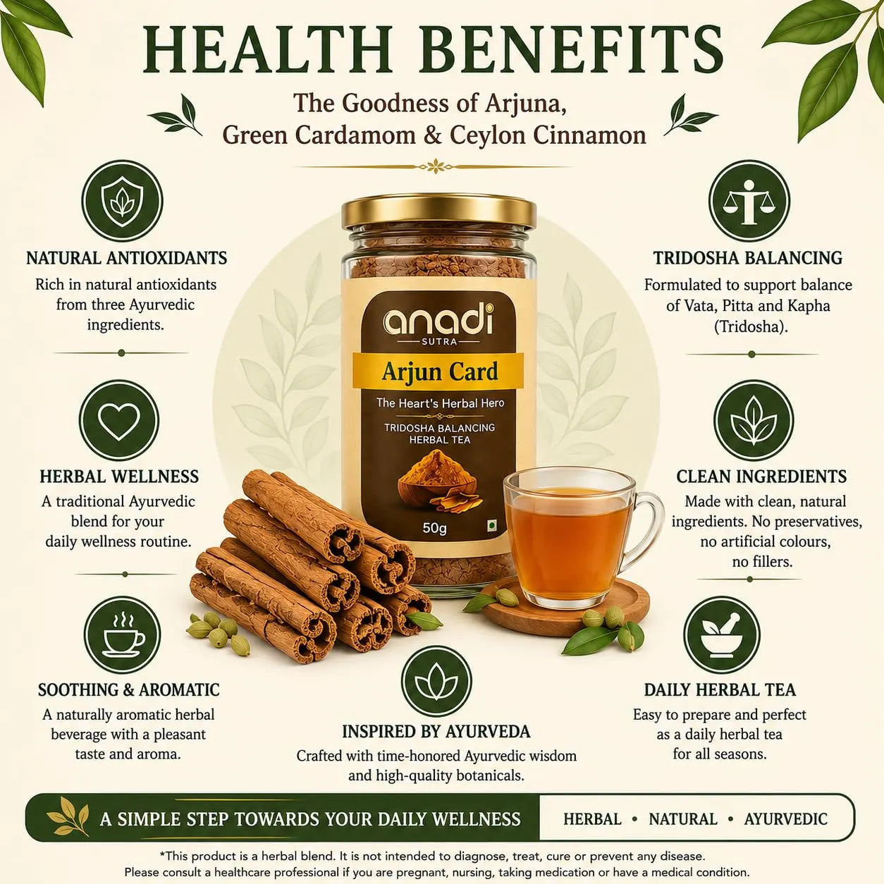 Arjun Card jar with a cup of herbal tea on a health benefits graphic