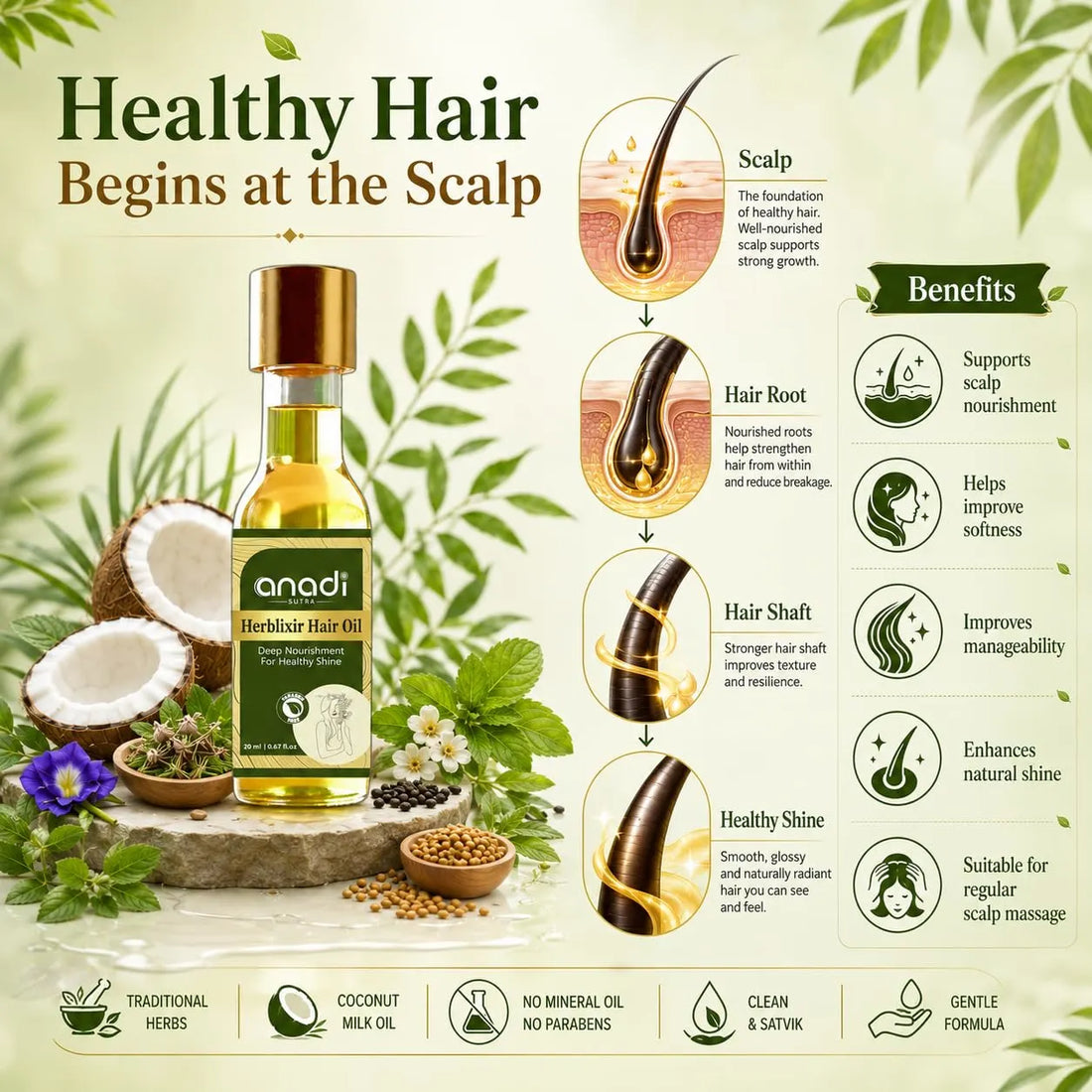 Herblixir hair oil bottle with gold cap, amber glass; herbal-themed layout