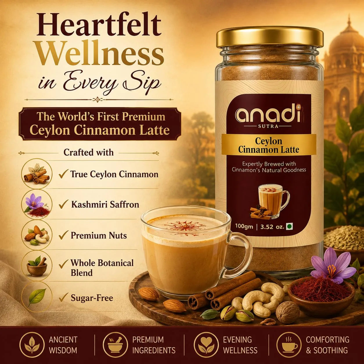 Anadi Ceylon Cinnamon Latte jar with a cup, cinnamon sticks, nuts, and wellness themed layout