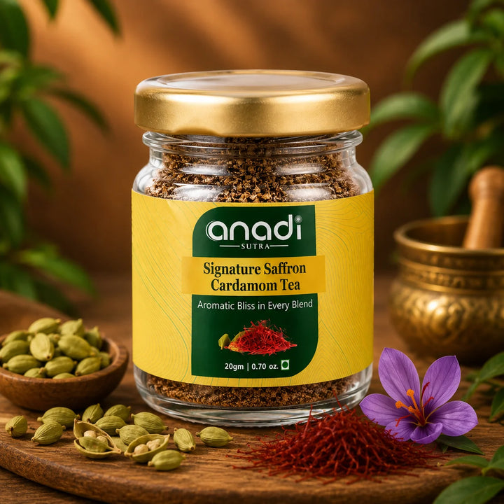 Anadi saffron cardamom tea jar with gold lid, glass container and label