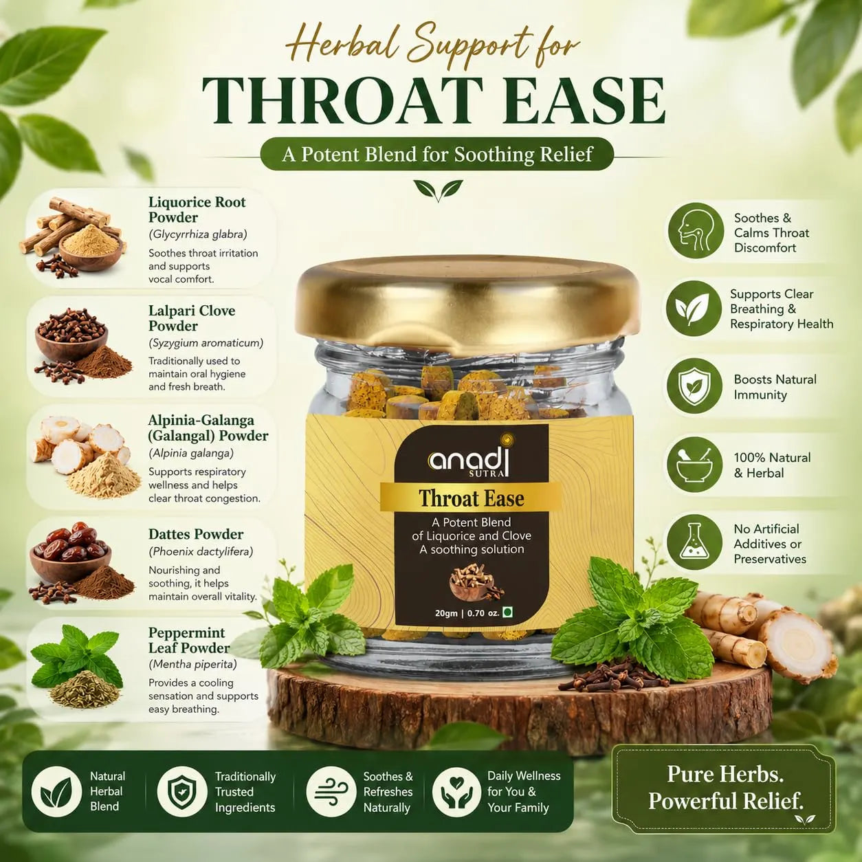 Herbal throat relief jar with gold lid and yellow label, set with herbs and spices