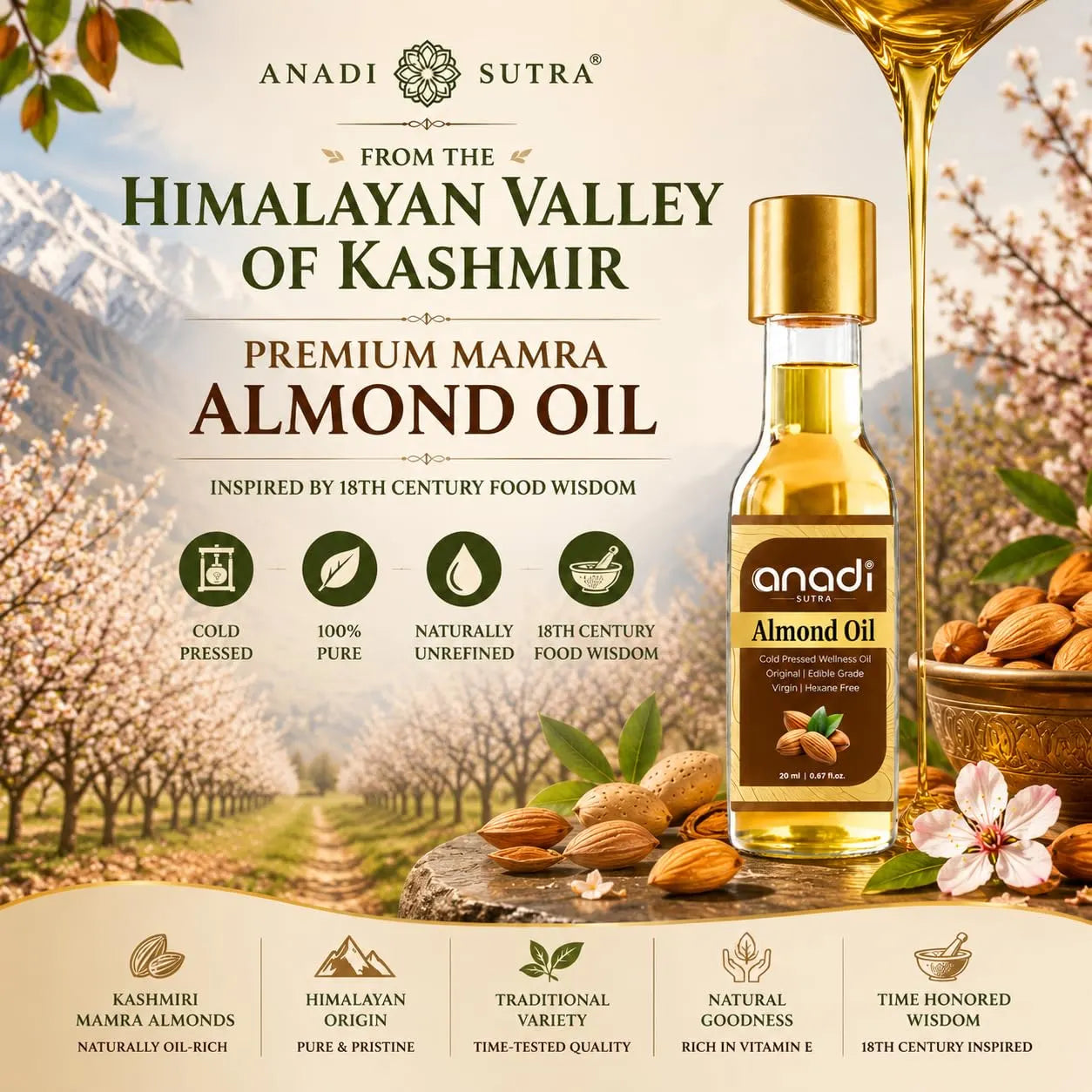 Premium almond oil bottle with gold cap and amber liquid, in front of almonds