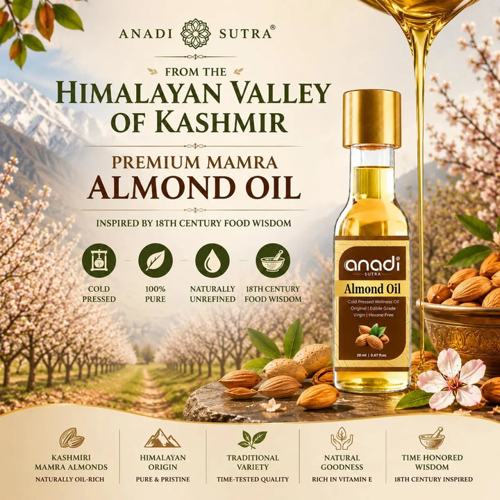 Premium almond oil bottle with gold cap and amber liquid, in front of almonds