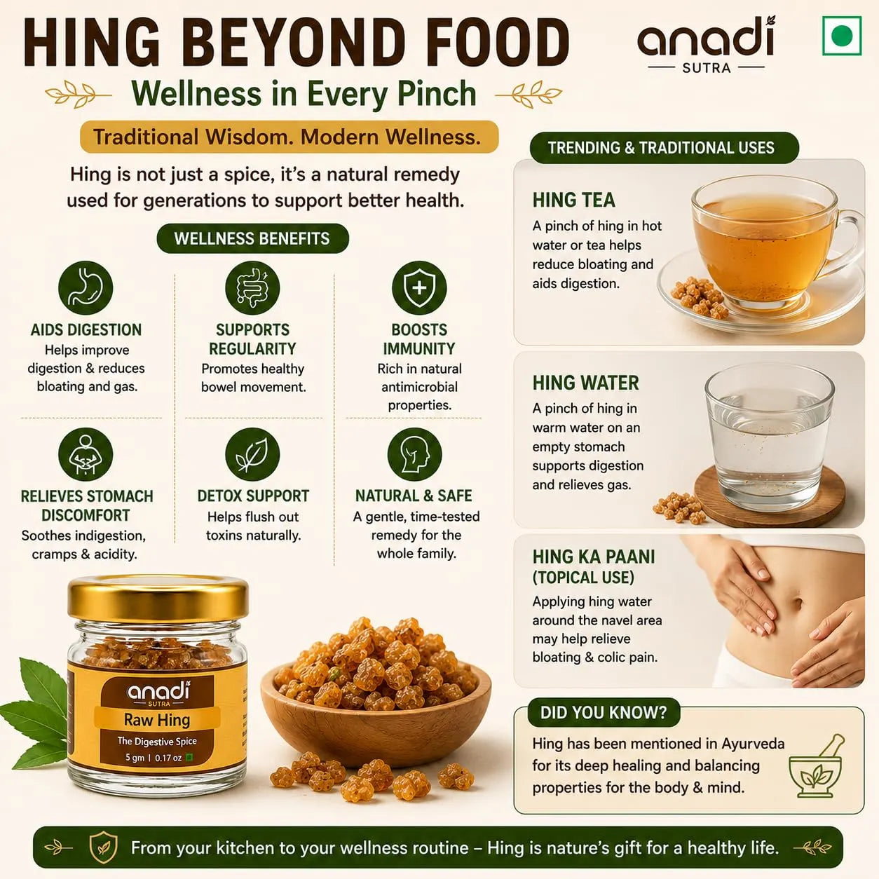 Anandi Sutra Raw Hing wellness infographic with jar and brown hing granules