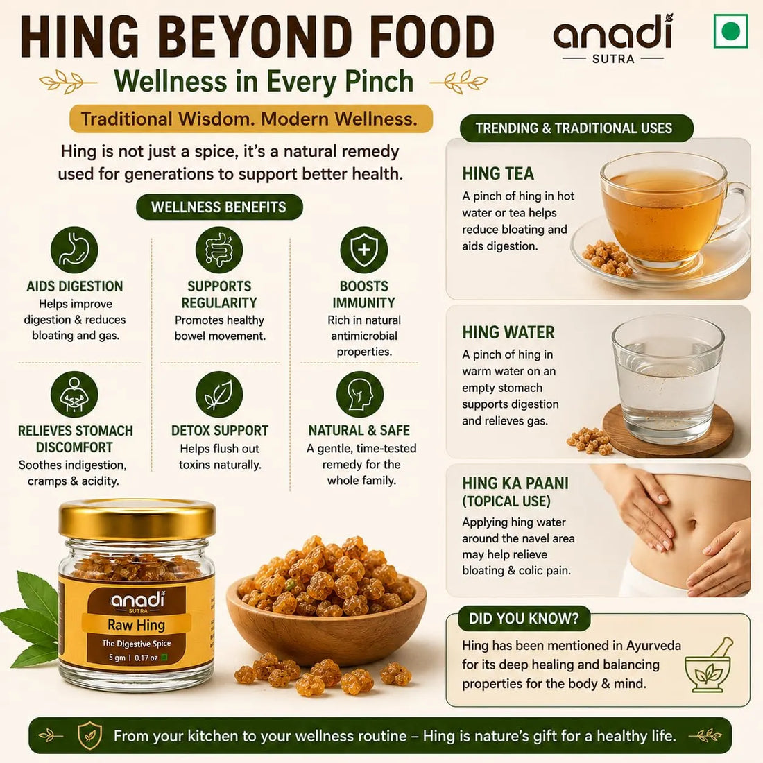 Anandi Sutra Raw Hing wellness infographic with jar and brown hing granules