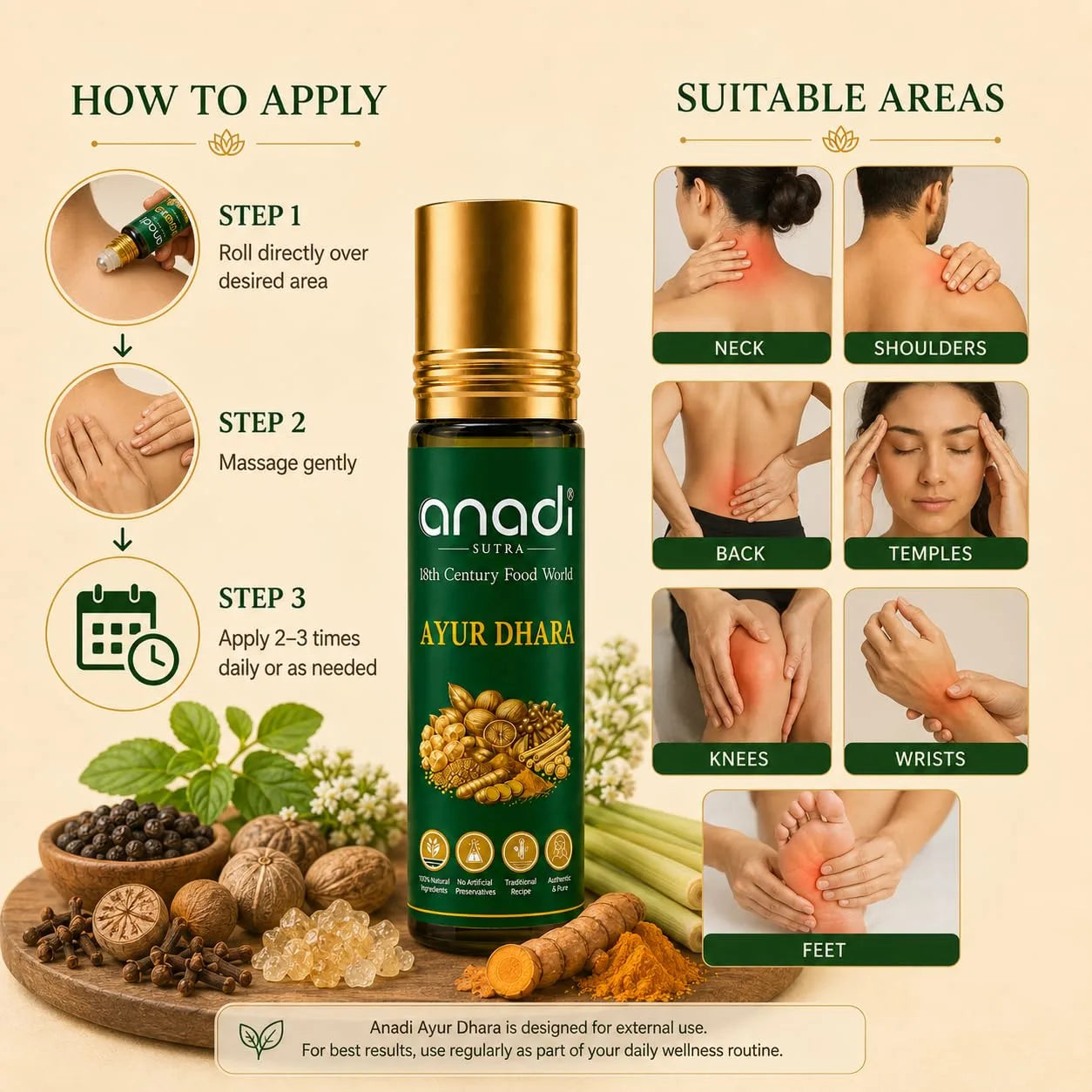 Ayur Dhara roll-on applicator oil bottle with gold cap and green label
