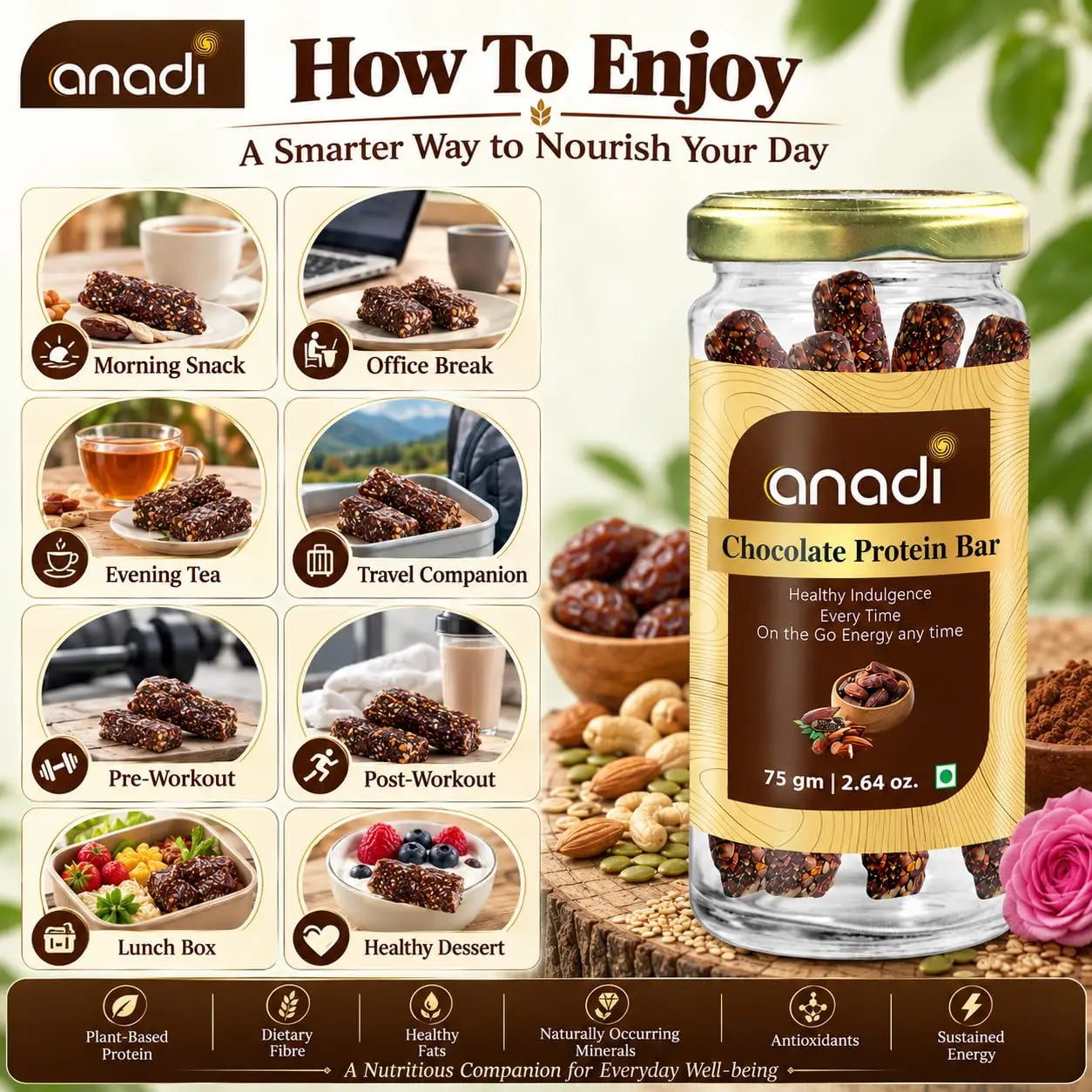 anadi Chocolate Protein Bar glass jar with gold lid, label beside How To Enjoy layout