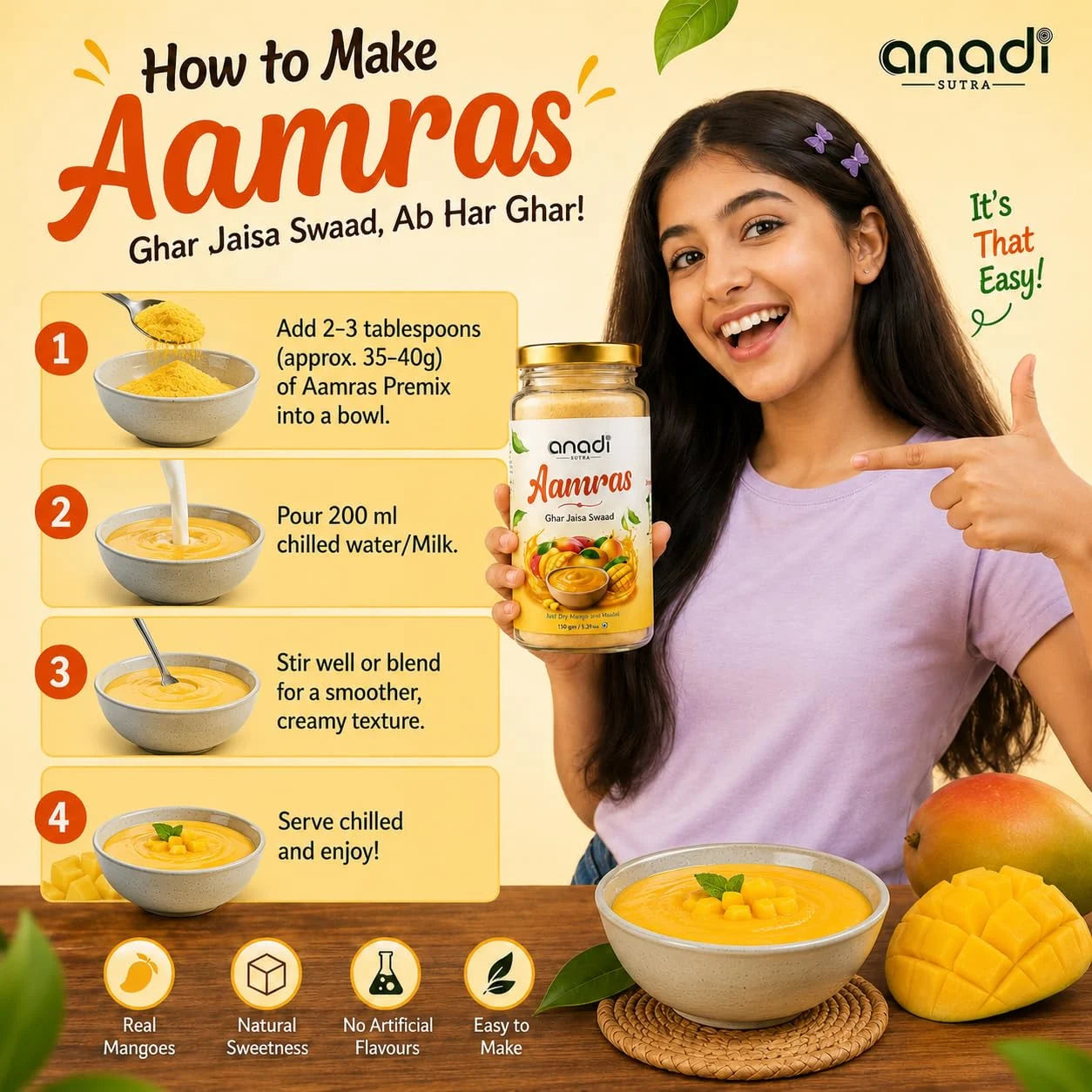 Mango fruit pulp jar with gold lid, woman holding mango puree bowl