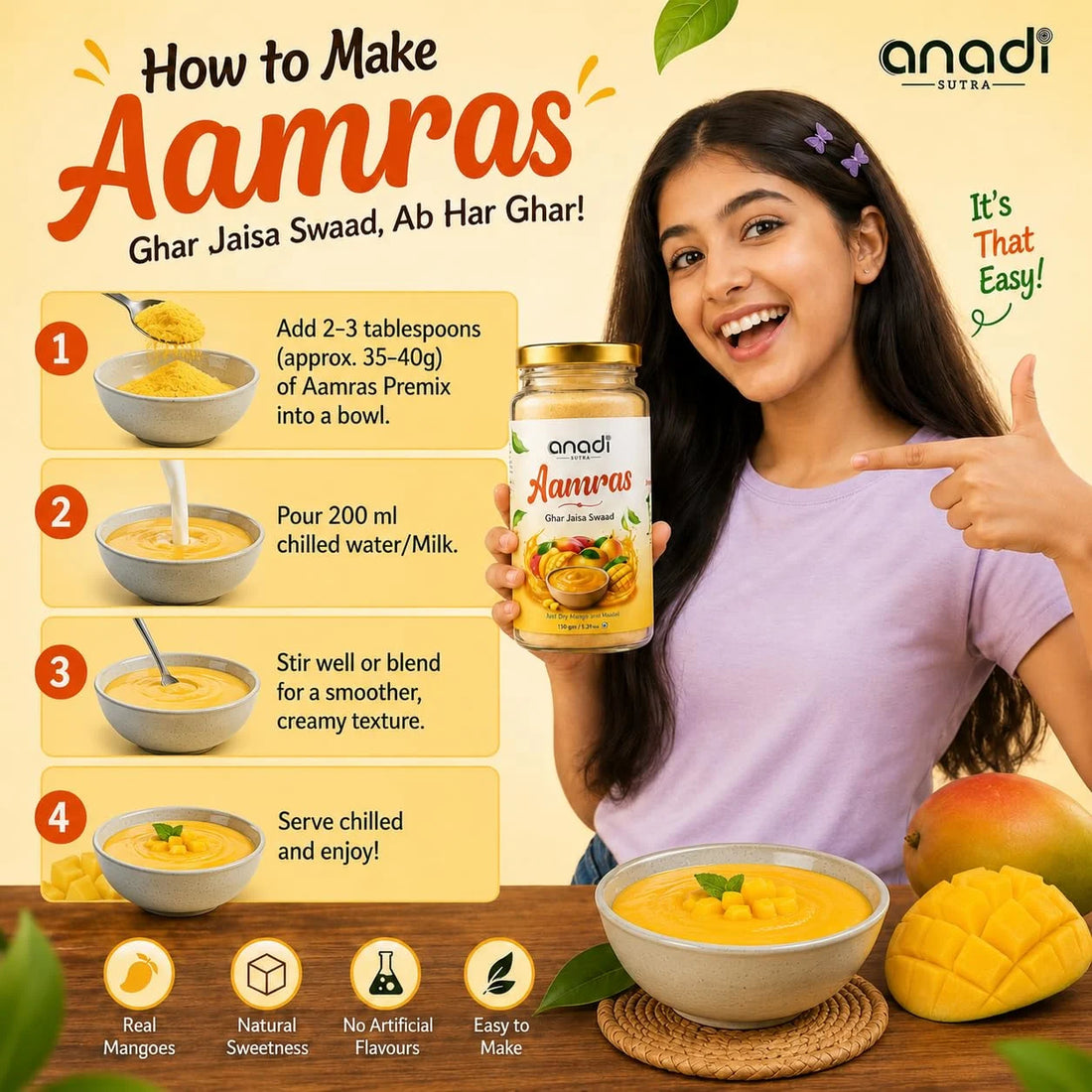 Mango fruit pulp jar with gold lid, woman holding mango puree bowl