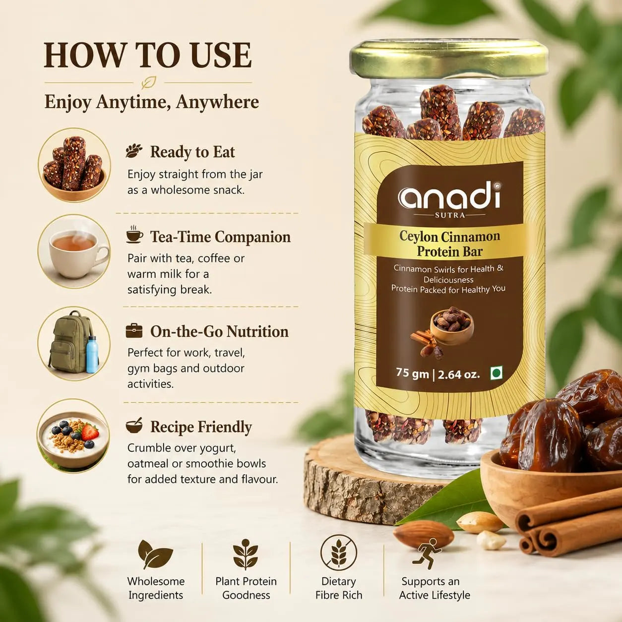 Protein bar jar with gold lid shown with how-to-use icons and cinnamon snack pieces