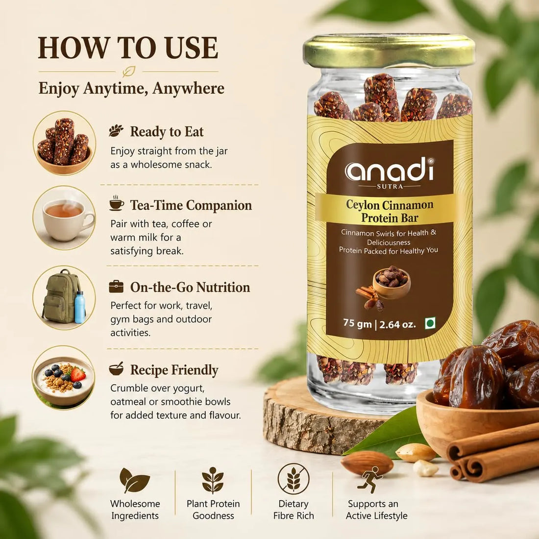 Protein bar jar with gold lid shown with how-to-use icons and cinnamon snack pieces