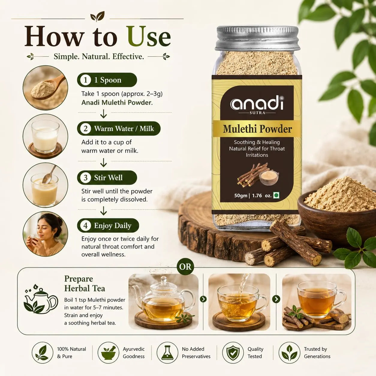 Mulethi powder bottle with beige powder and herbal roots near cups, 50 g
