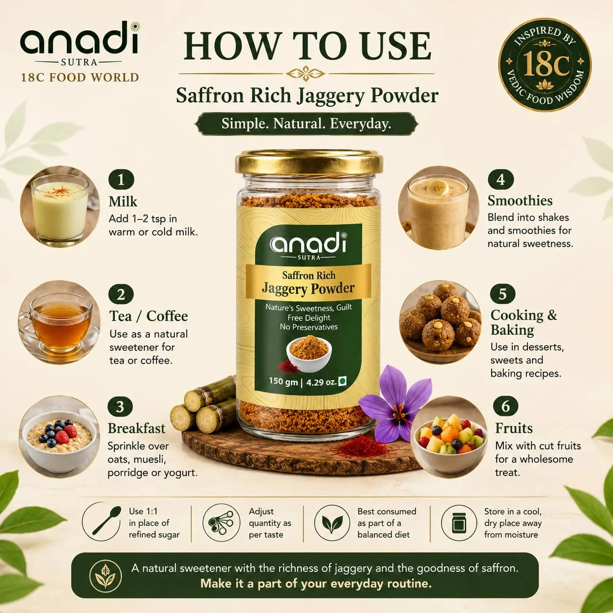 Saffron rich jaggery powder jar with usage icons for drinks, baking, and fruit