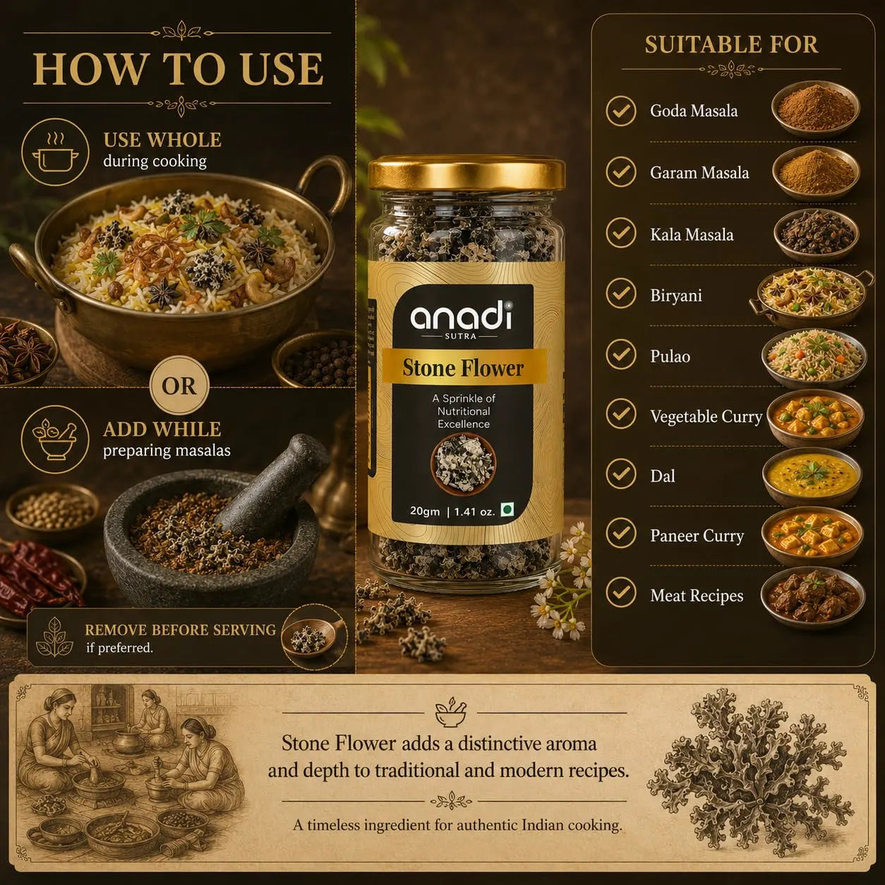 Stone Flower 20gm jar with gold lid beside bowls of spice blends and recipe list