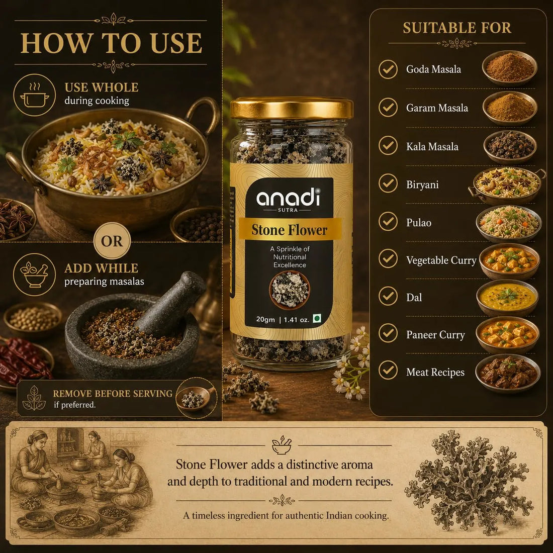 Stone Flower 20gm jar with gold lid beside bowls of spice blends and recipe list