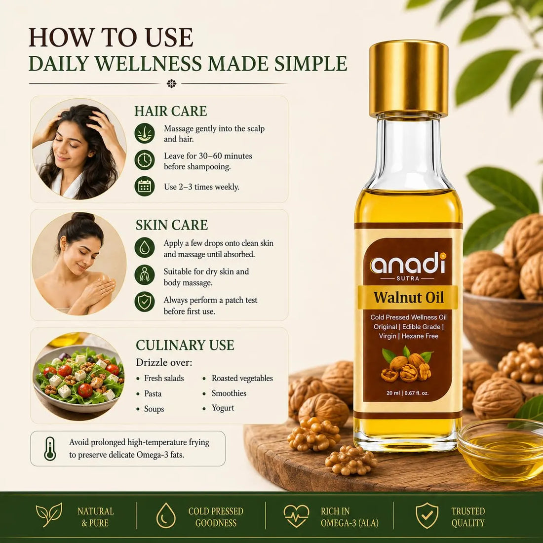 Glass walnut oil bottle with gold lid and amber oil, with walnuts and leaves