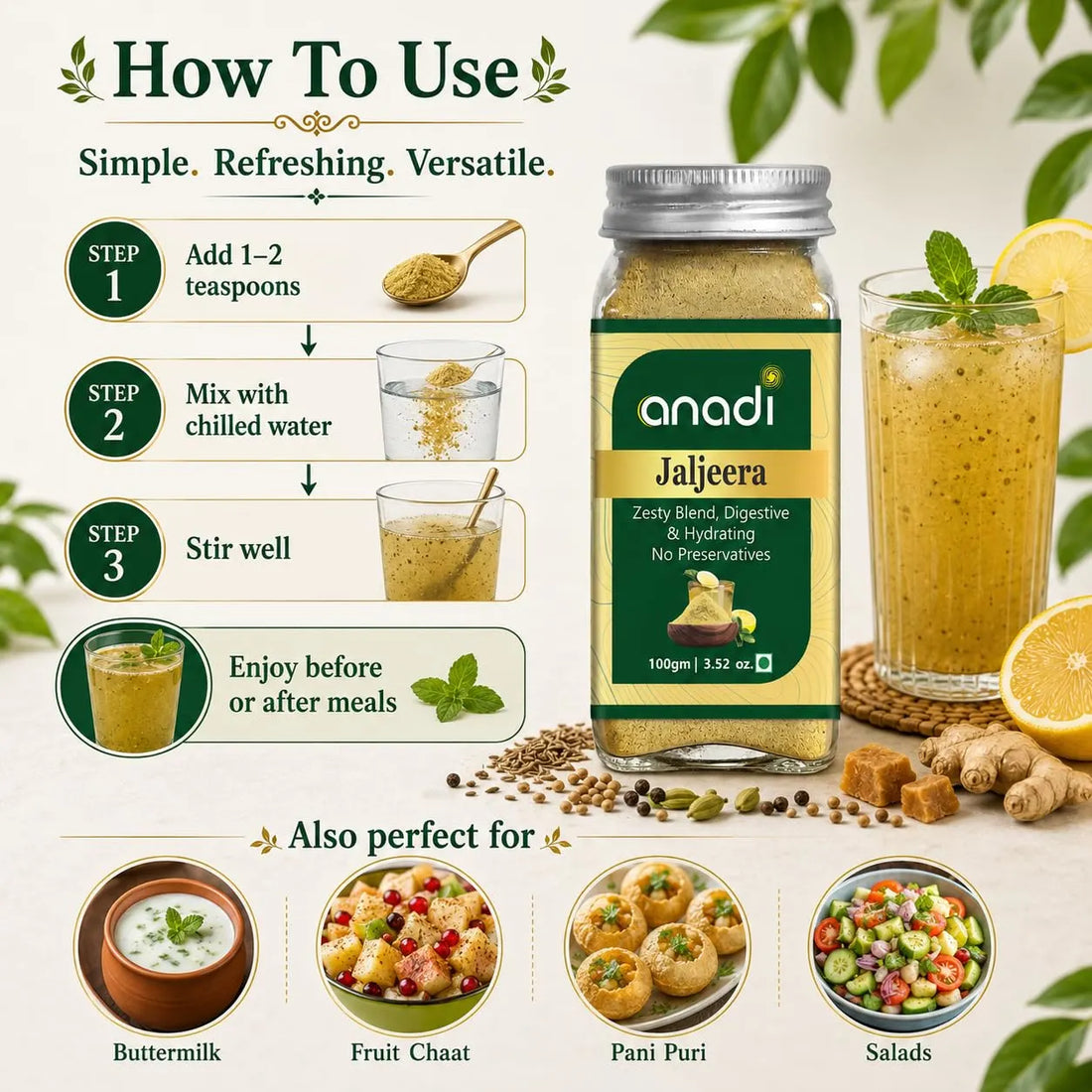 anadi Jaljeera bottle with three serving steps and a glass of prepared drink