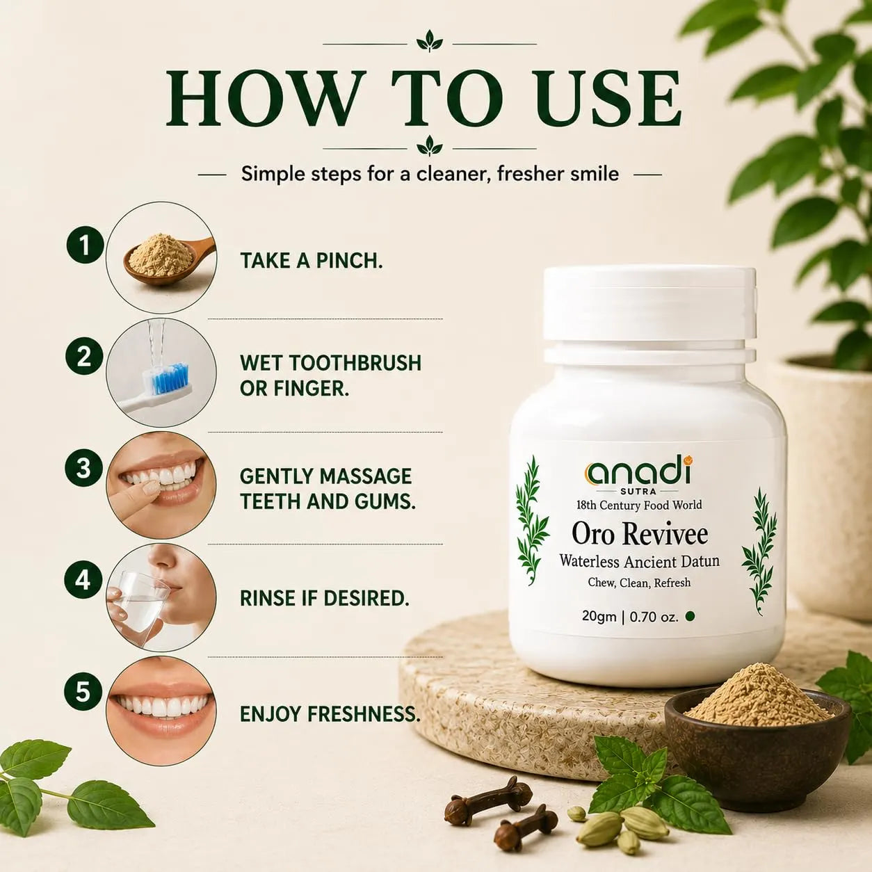 Oro Revivee 20 g jar with how-to steps, white bottle with green label