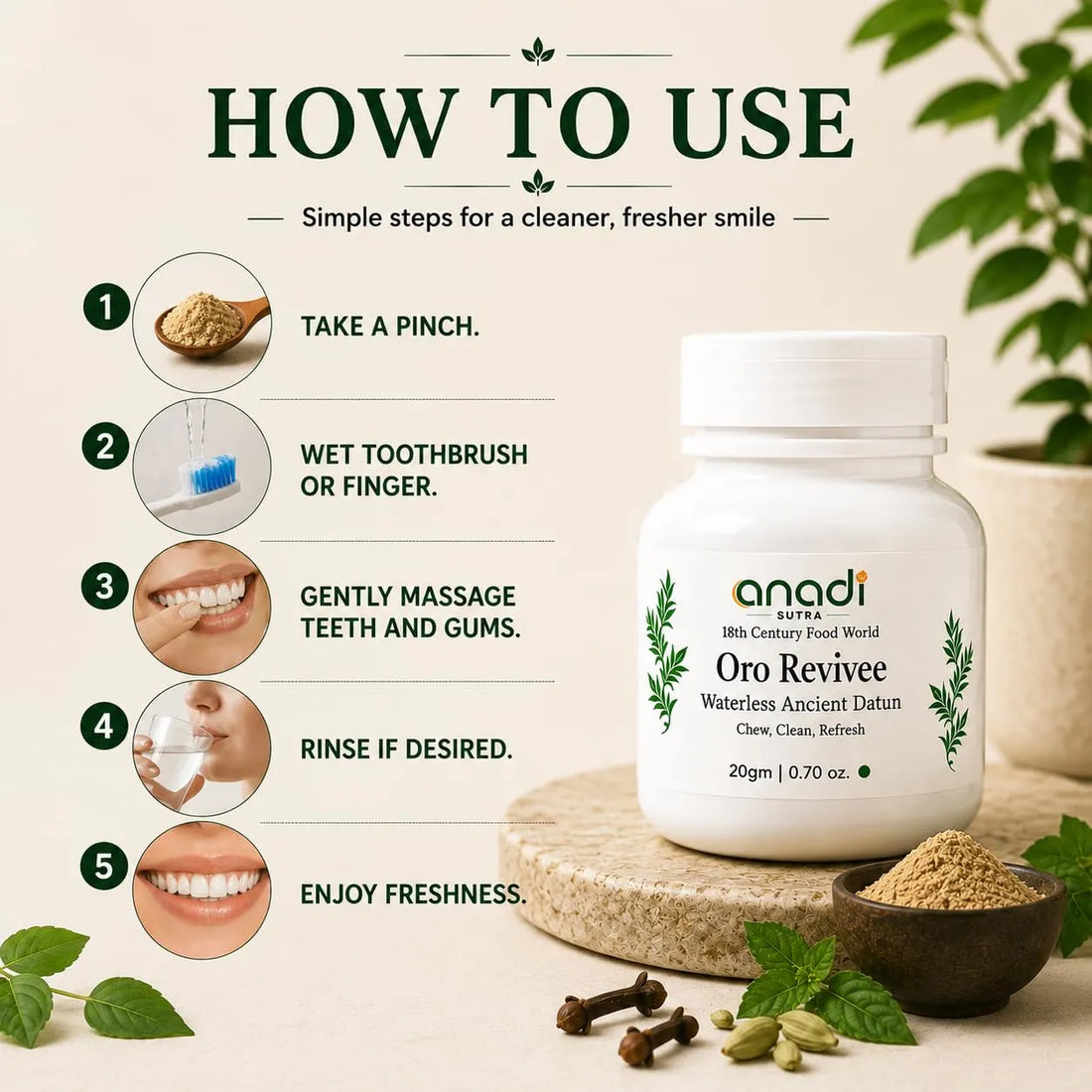 Oro Revivee 20 g jar with how-to steps, white bottle with green label