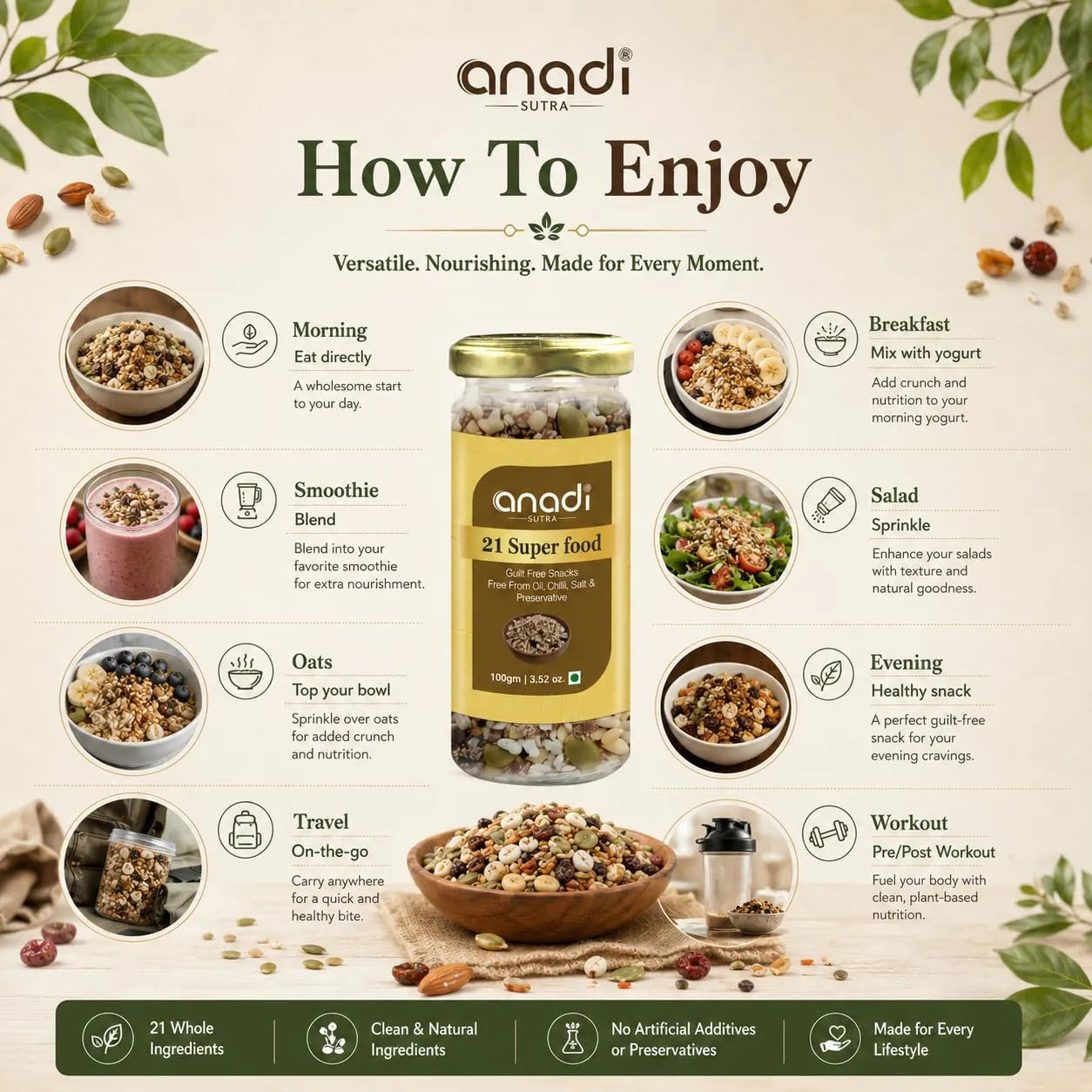 How to enjoy guide featuring Anadi 21 Super food jar and serving suggestions