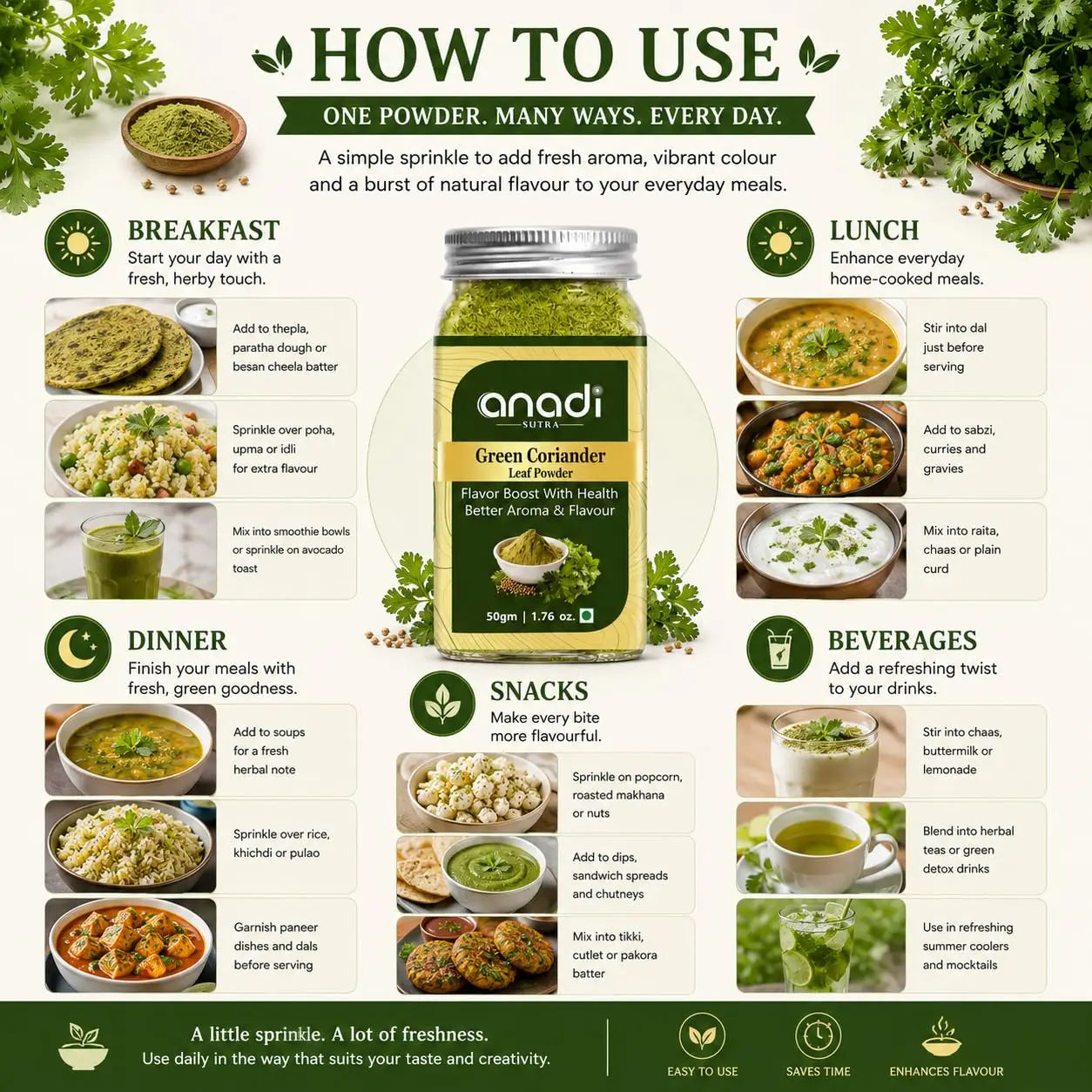 Green herb powder jar centered with usage illustrations on the label