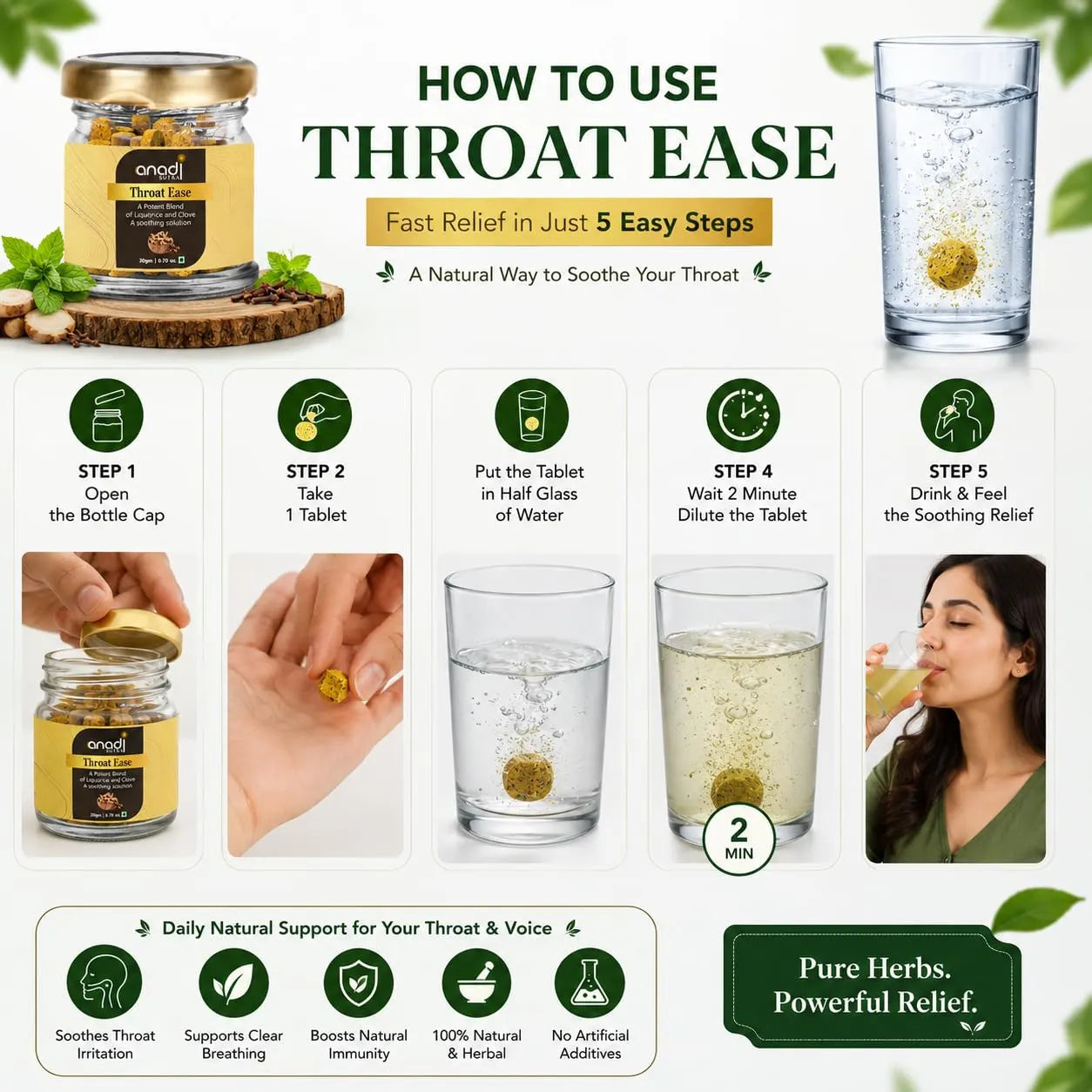 Throat relief jar with gold lid, plus drinking glass and ingredient close-ups