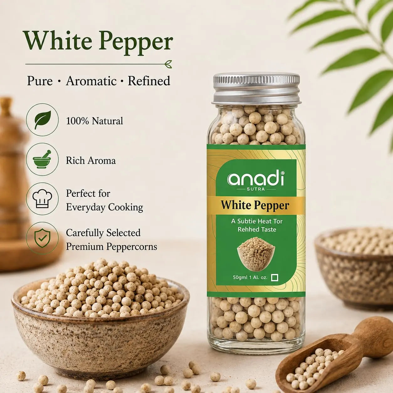 White pepper jar with green-yellow label next to bowl of pale peppercorns, silver lid