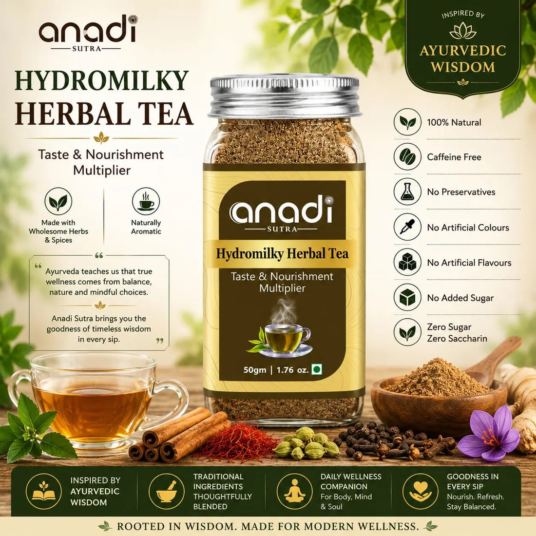 Hydromilky herbal tea jar with branding and herbal blend ingredients around