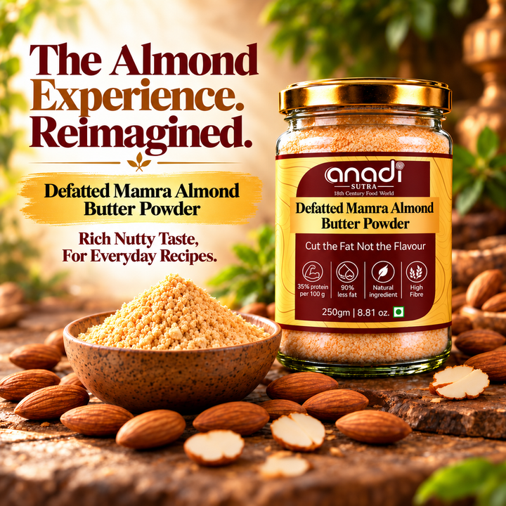 Defatted mamra almond butter powder jar beside a bowl of almond powder