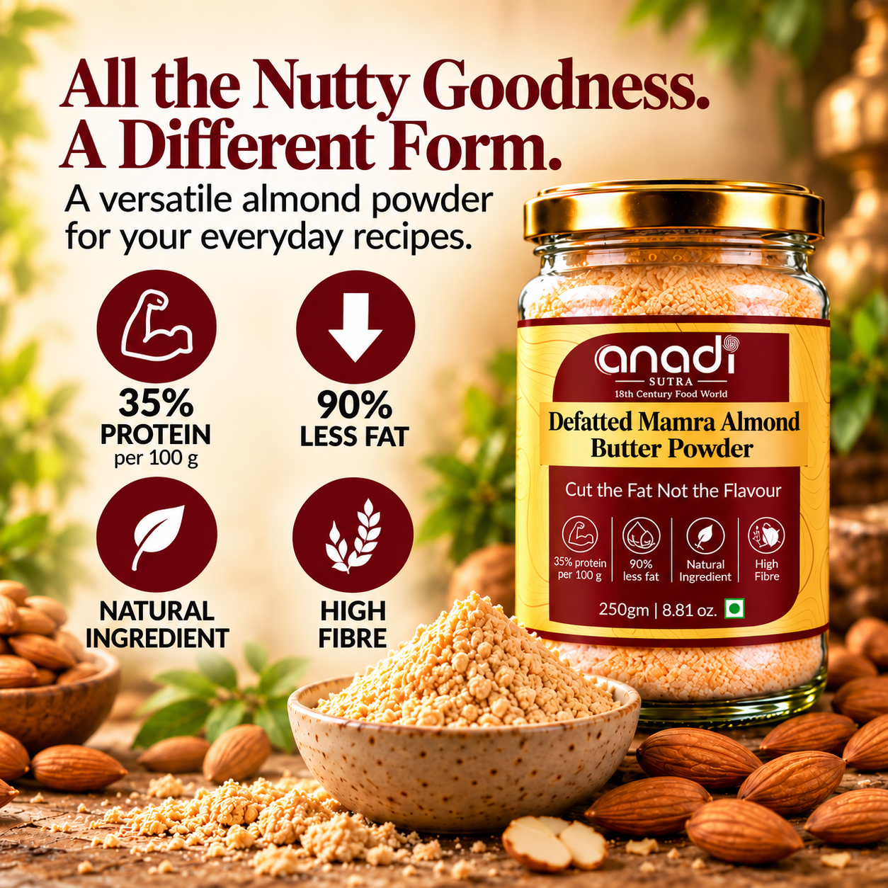 Defatted mamra almond butter powder jar with label and bowl of almond powder