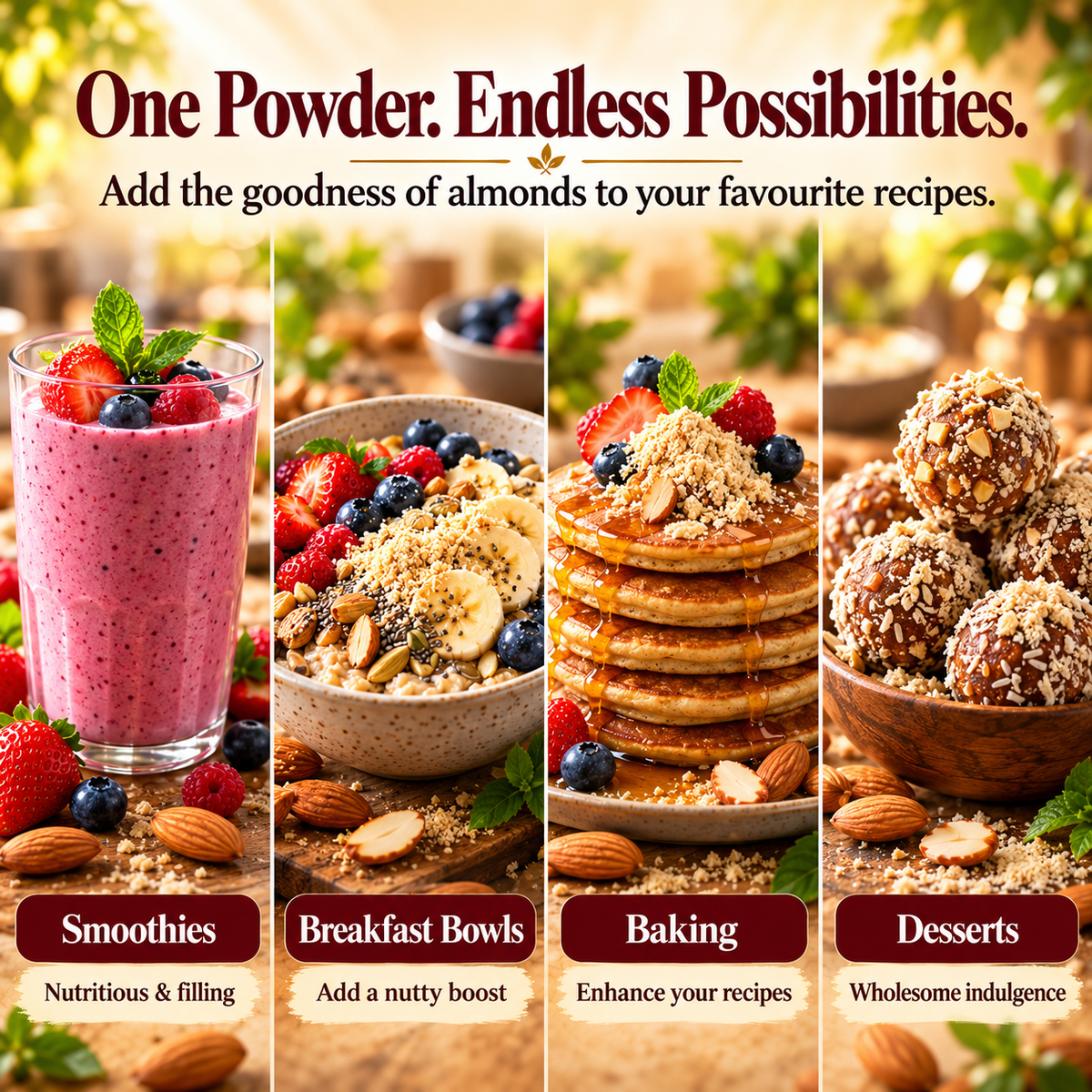 Almond butter powder servings: smoothies, breakfast bowls, baked toppings, and desserts