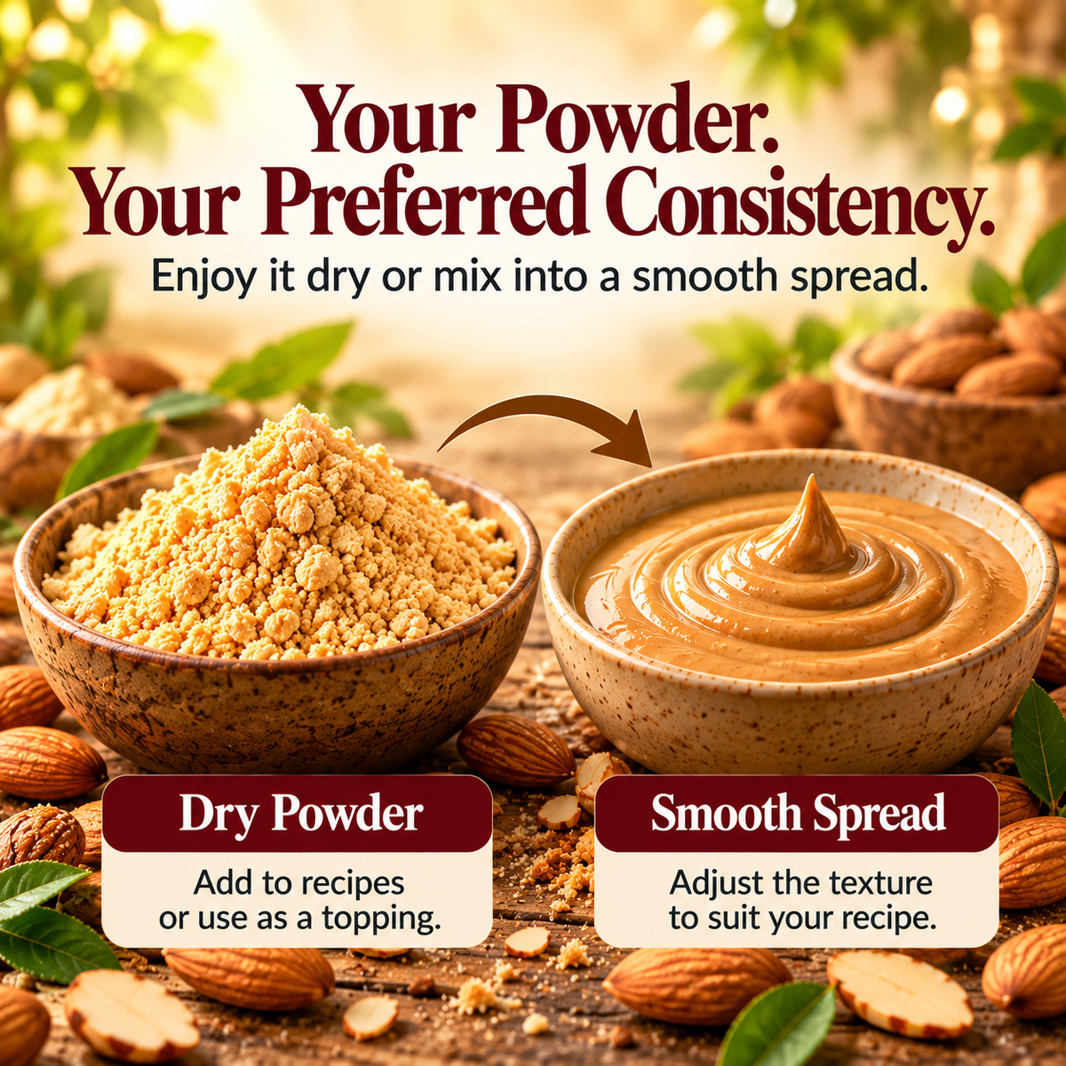 Almond butter powder with dry almond powder and smooth spread in bowls