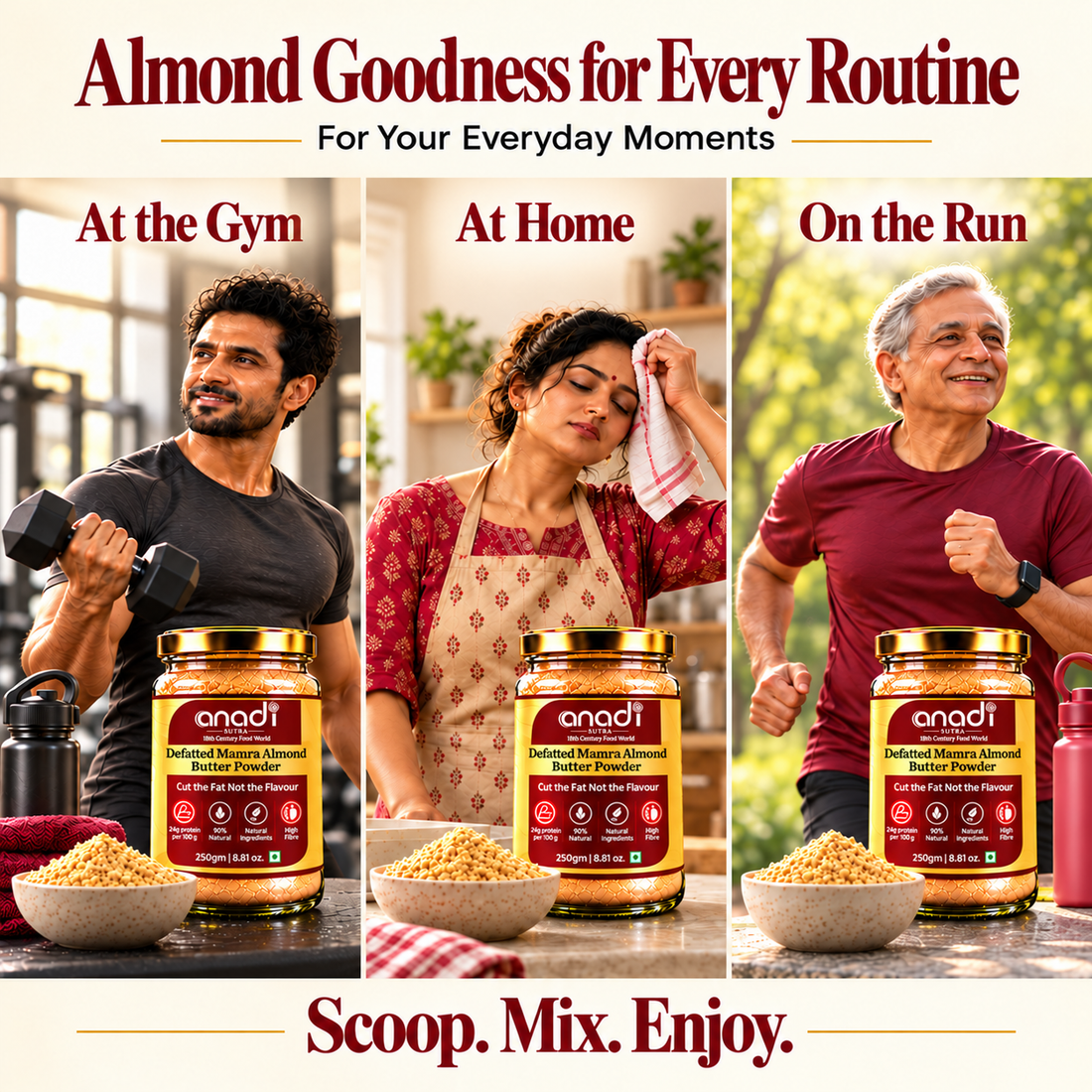Almond butter powder jar with bowl of almond powder and scoop