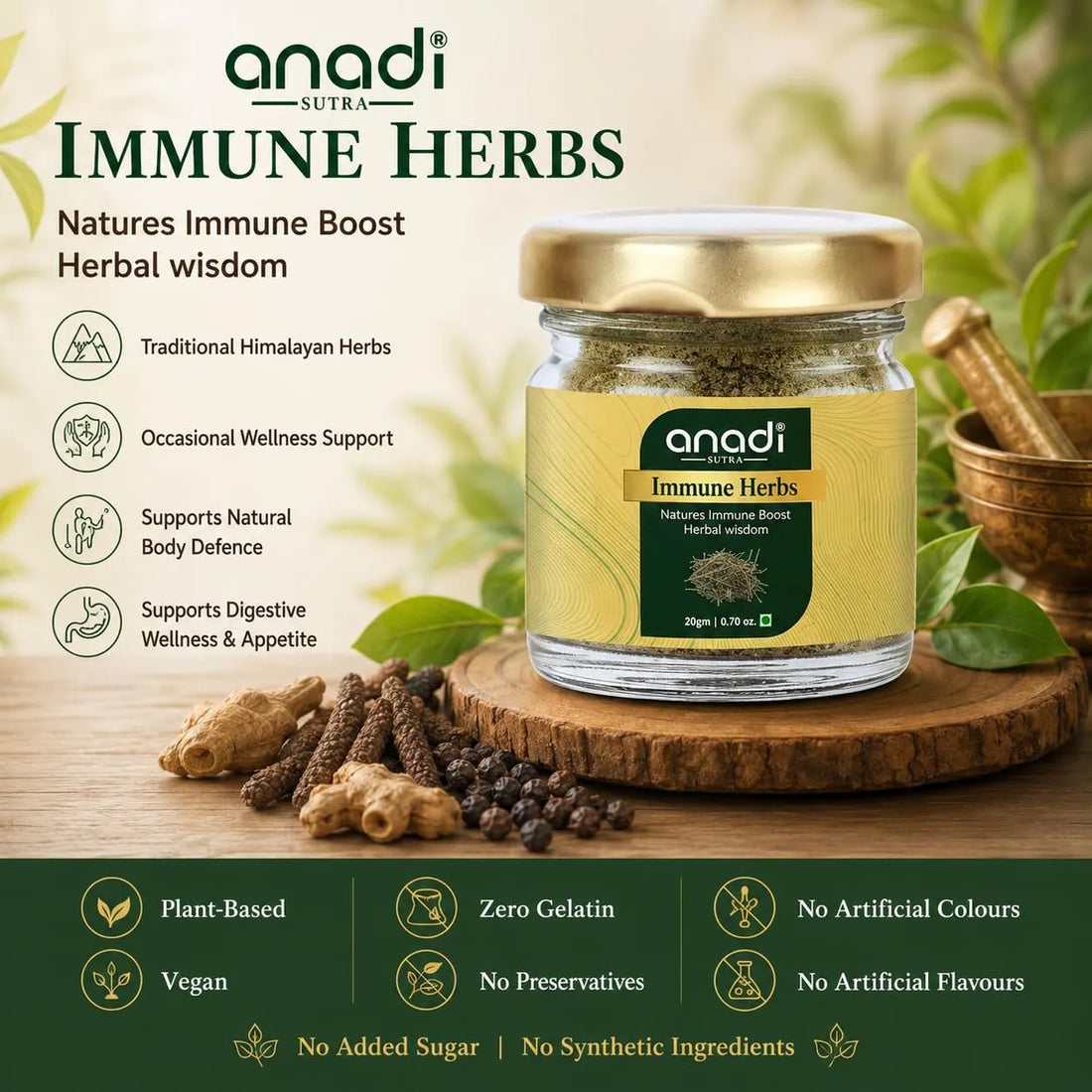 Immune herb jar by anadi with gold lid on wooden base with green leaves