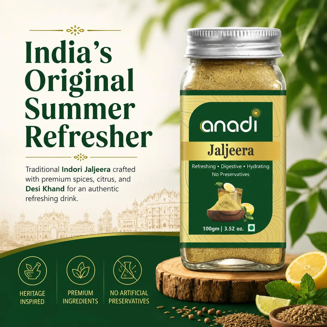 anadi Jaljeera bottle on wood with lemon slices and spice grains