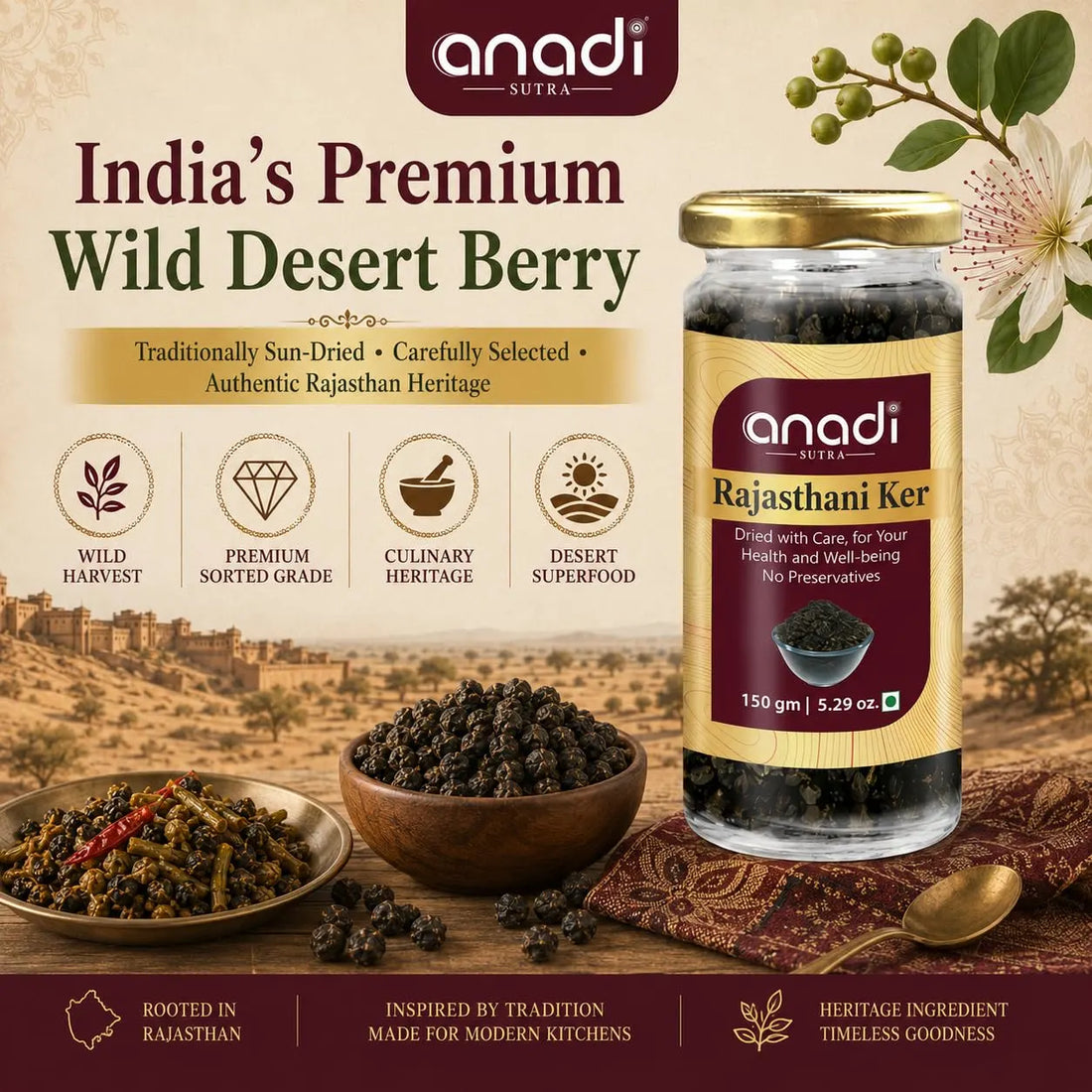 anadi SUTRA jar of dried wild desert berries with bowl of dark berries on plate