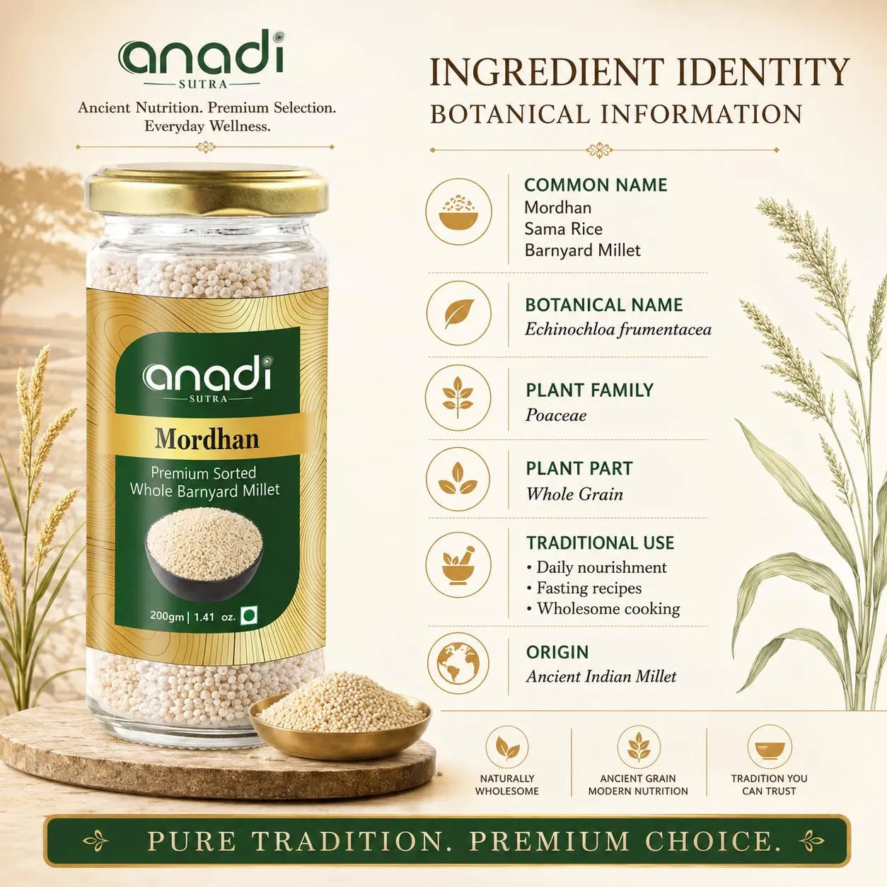 Whole barnyard millet jar with gold lid and green label, with a small mound beside it.