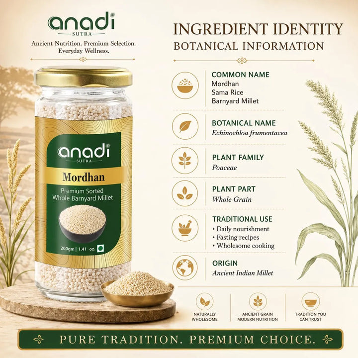 Whole barnyard millet jar with gold lid and green label, with a small mound beside it.