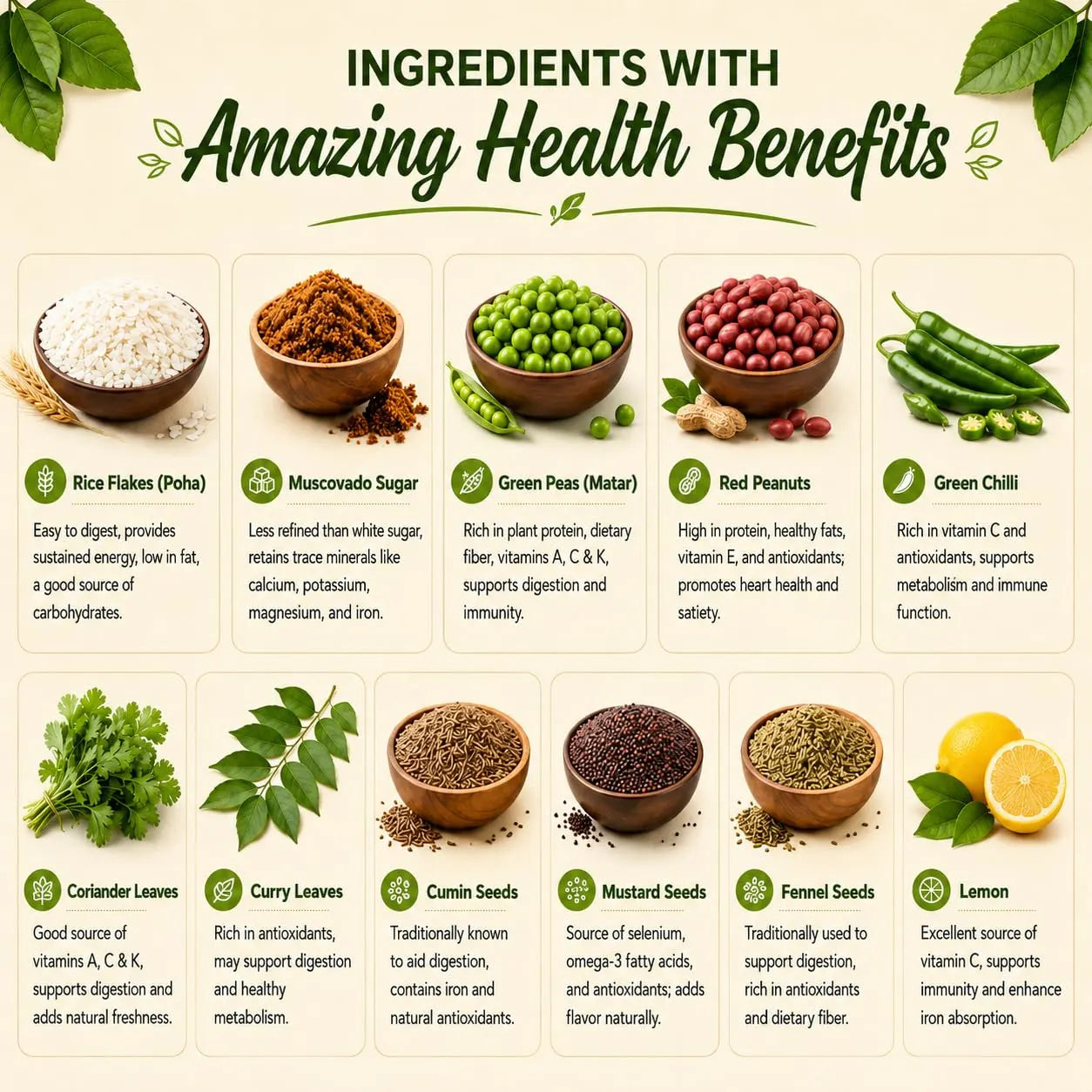 Instant Poha mix ingredient assortment with rice flakes, peas, spices, and herbs