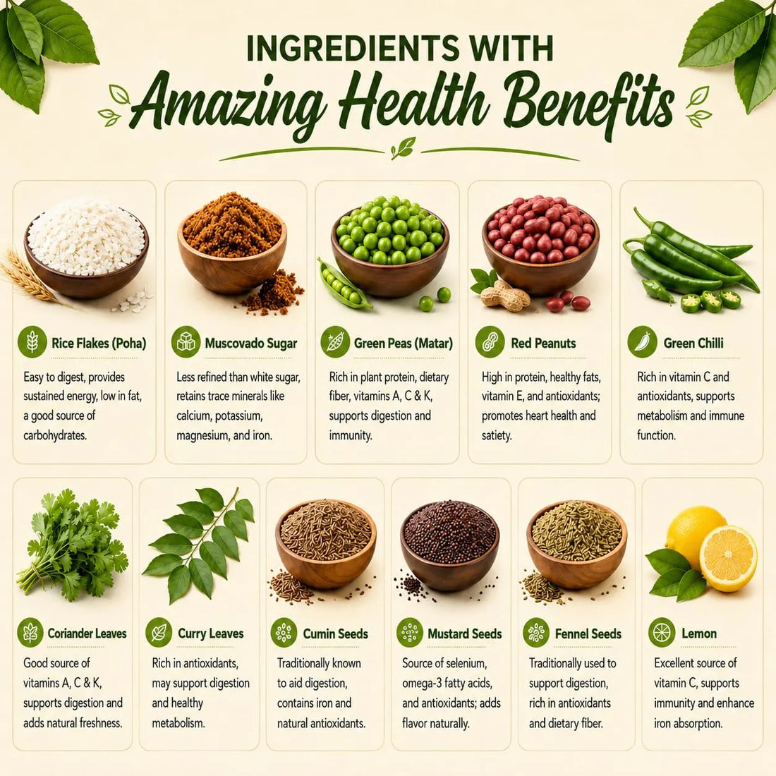 Instant Poha mix ingredient assortment with rice flakes, peas, spices, and herbs