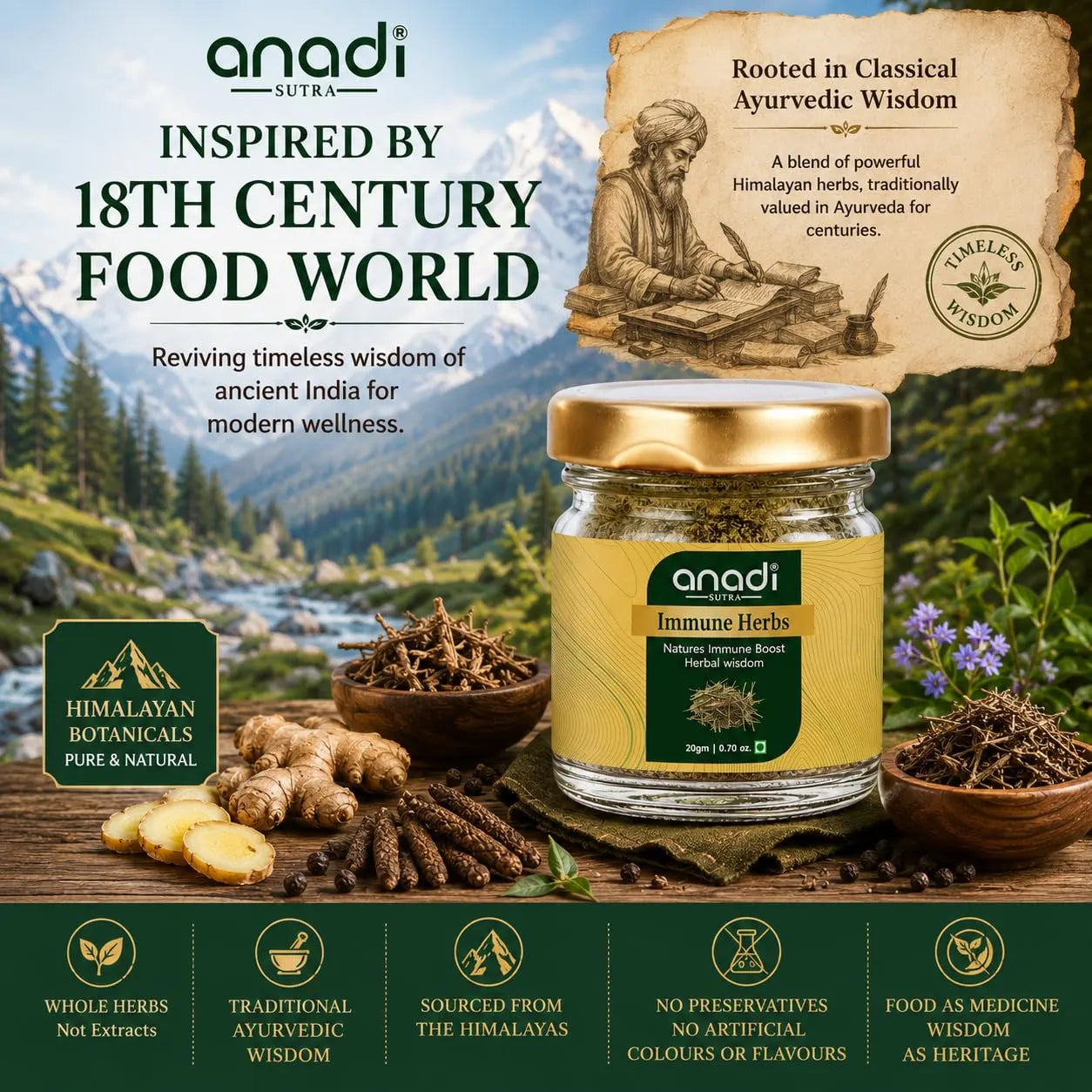 Immune herb jar by anadi with gold lid beside dried roots and herbs